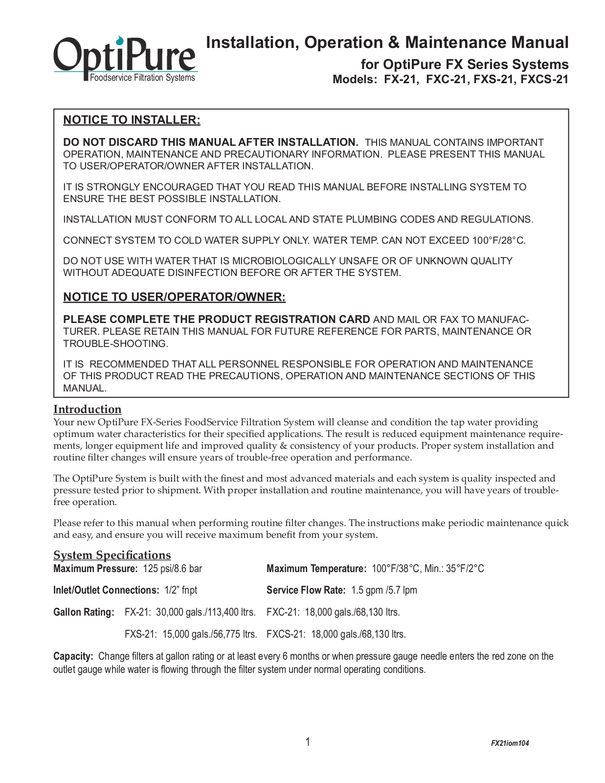 OptiPure FX-21 Installation  Manual