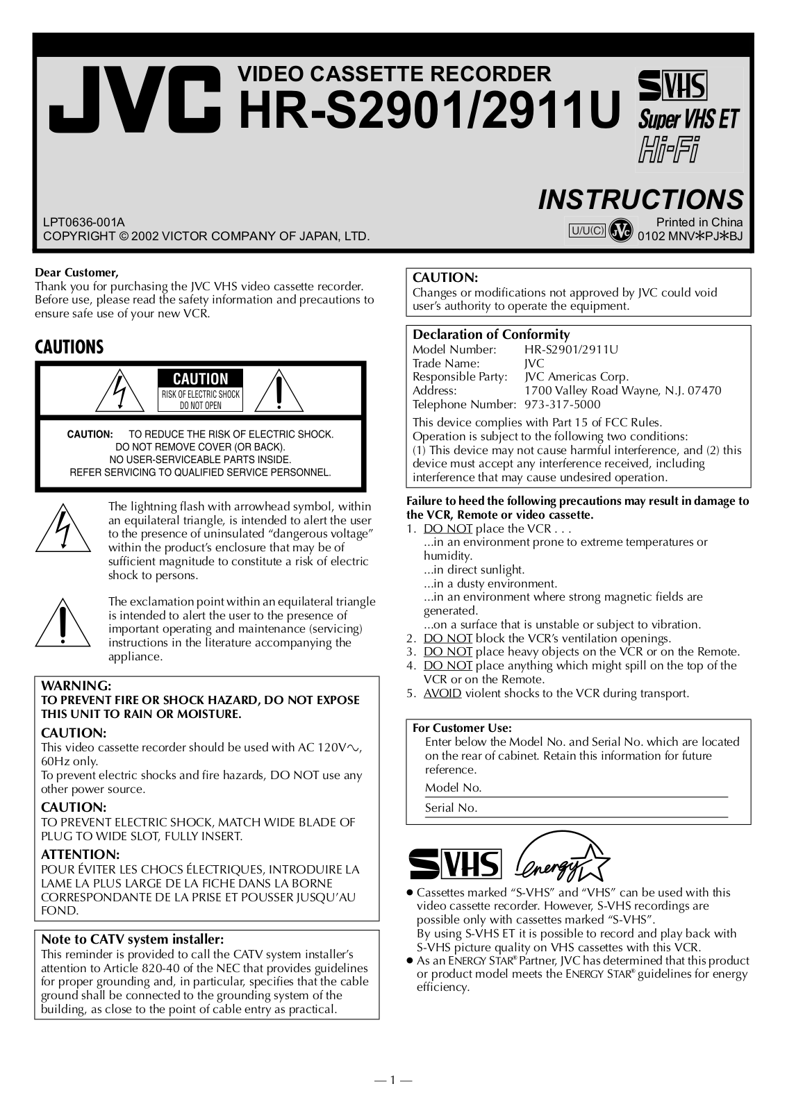 JVC HR-S2901, HR-S2911U User Manual