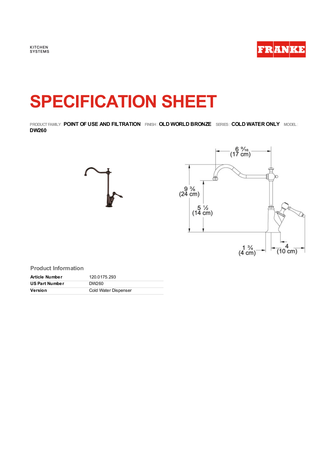 Franke Foodservice DW260 Specification