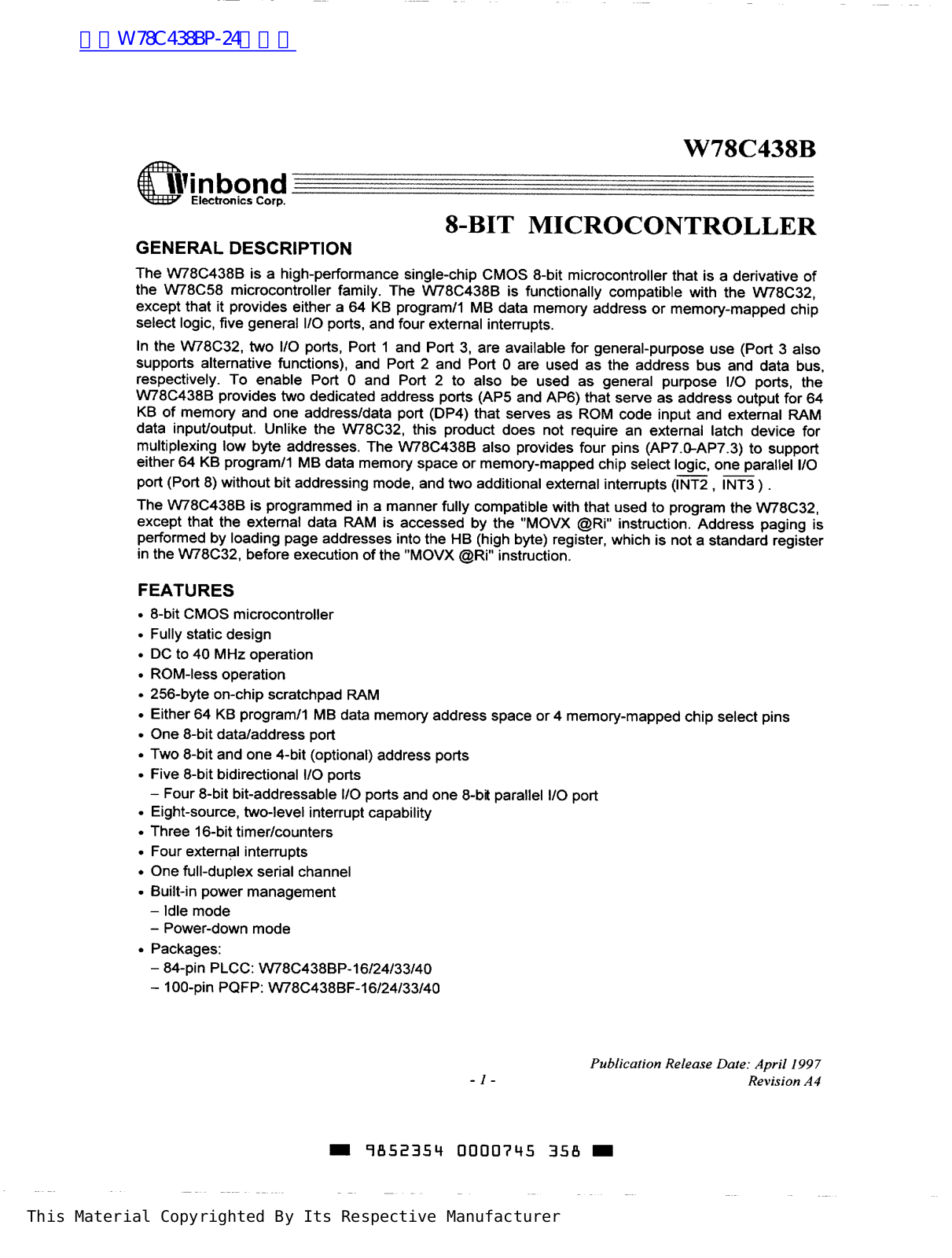 winbond W78C438C Technical data