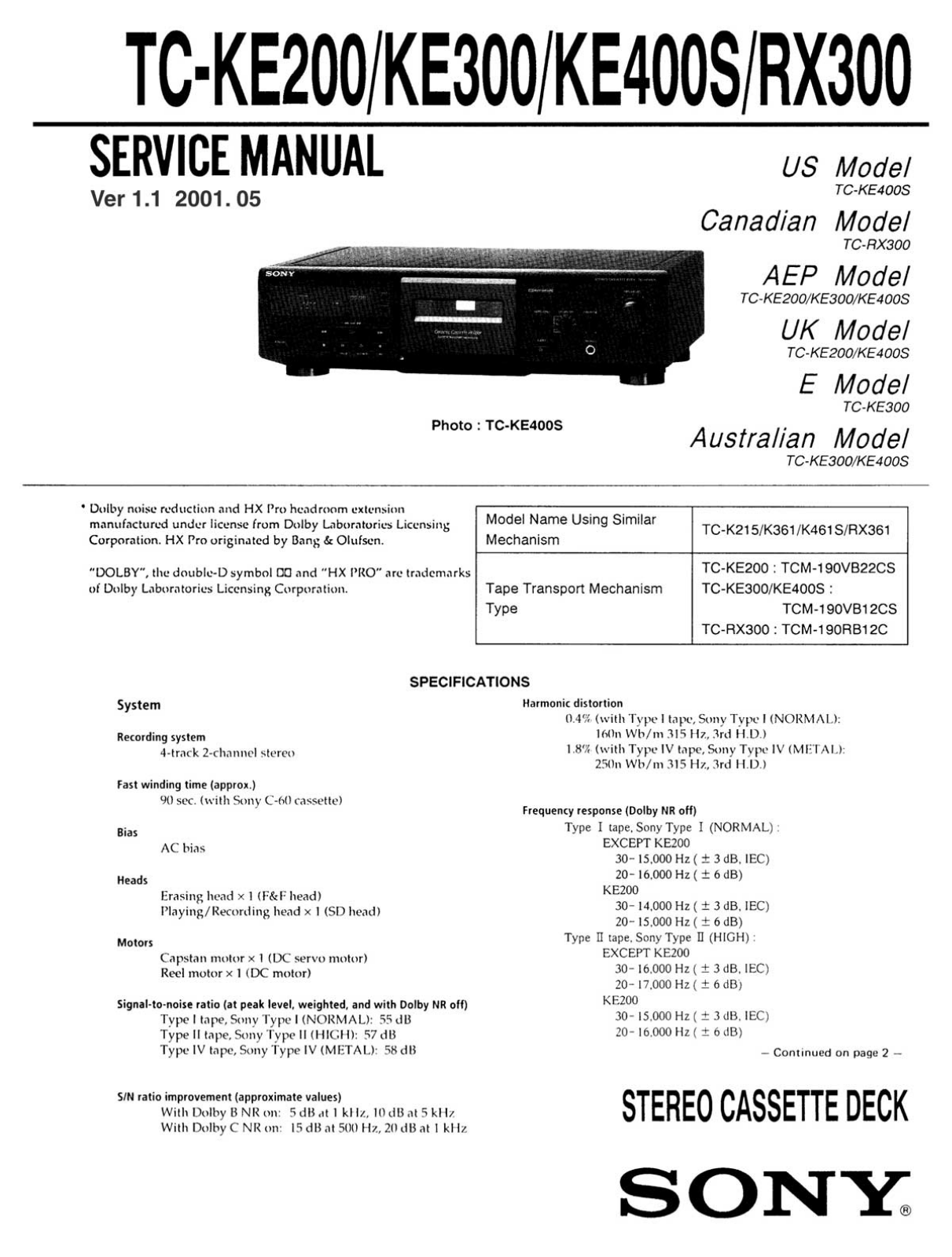 Sony TCKE-200, TCKE-300, TCKE-400-S, TCRX-300 Service manual