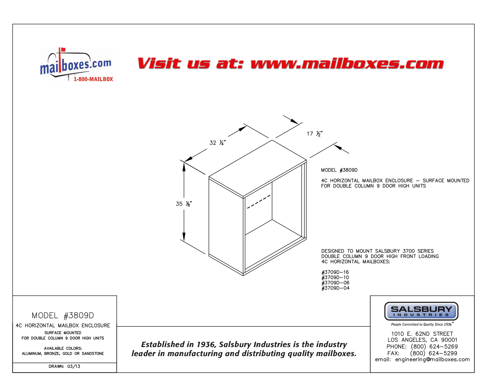 Salsbury Industries 3809DALM, 3809DBRZ, 3809DSAN, 3809DGLD User Manual