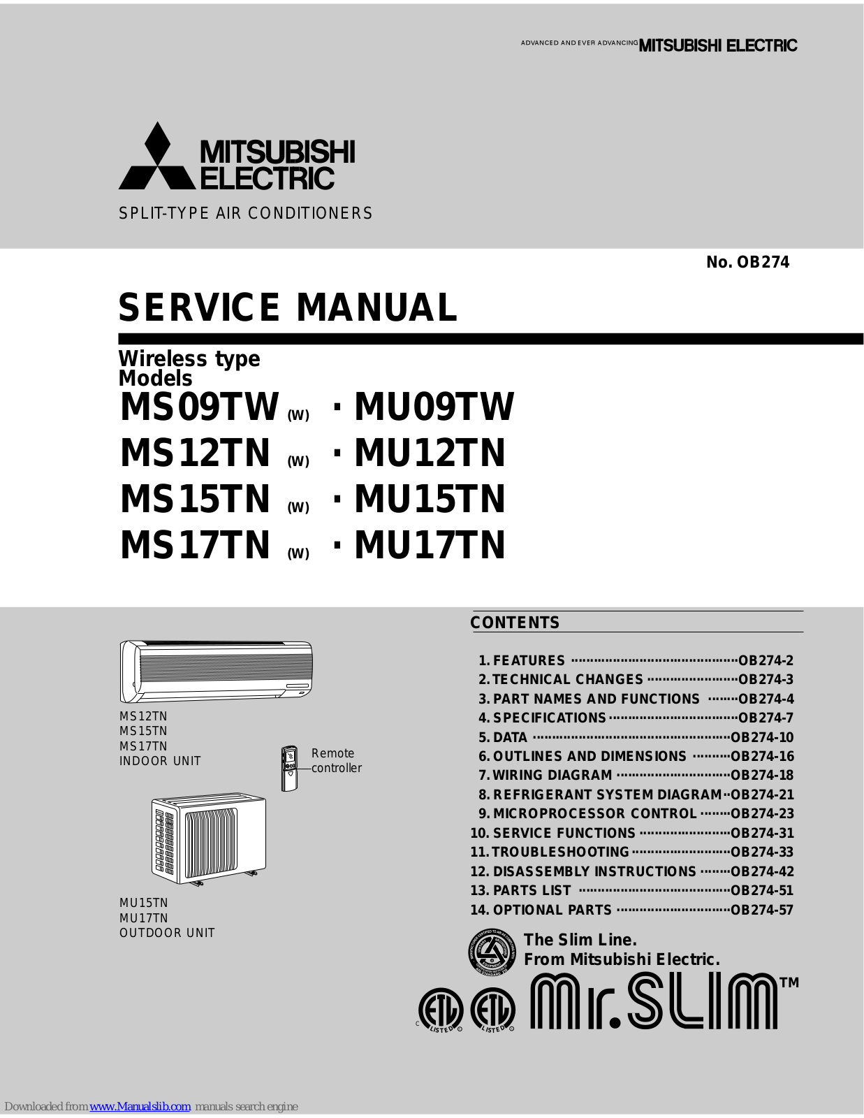 Mitsubishi Electric Mr. Slim MS09TW, Mr. Slim MU09TW, Mr. Slim MS12TN, Mr. Slim MU12TN, Mr. Slim MS15TN Service Manual