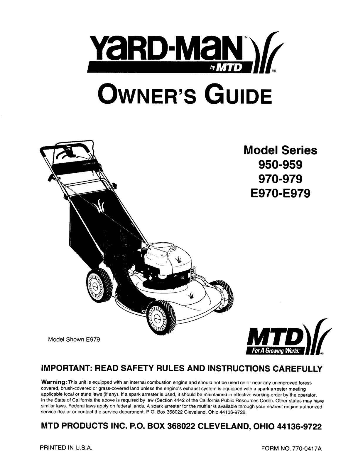 MTD E970, 970-979, 950-959, 12A-979L401, E979 Owner’s Manual