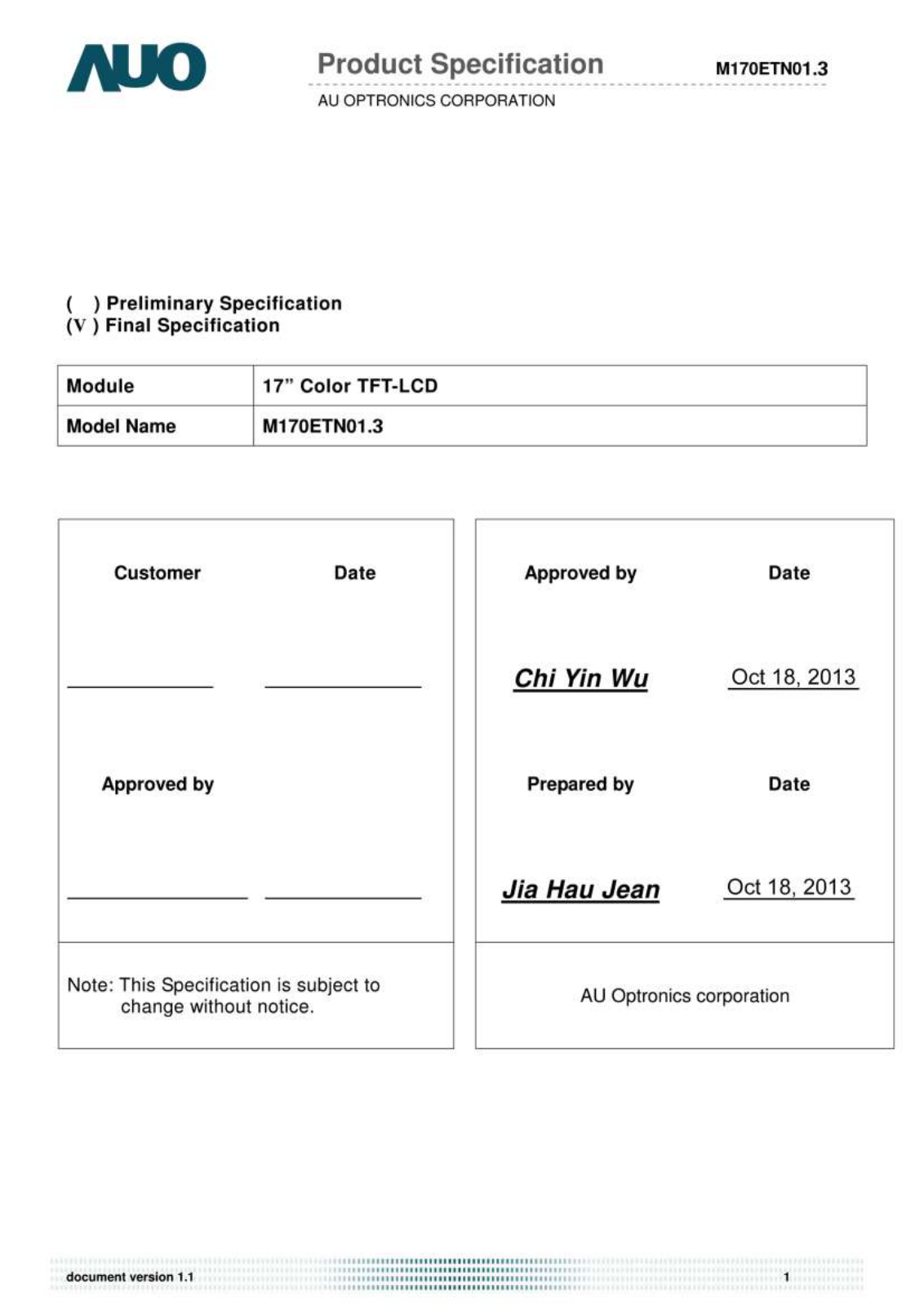 AUO M170ETN01.3 Specification