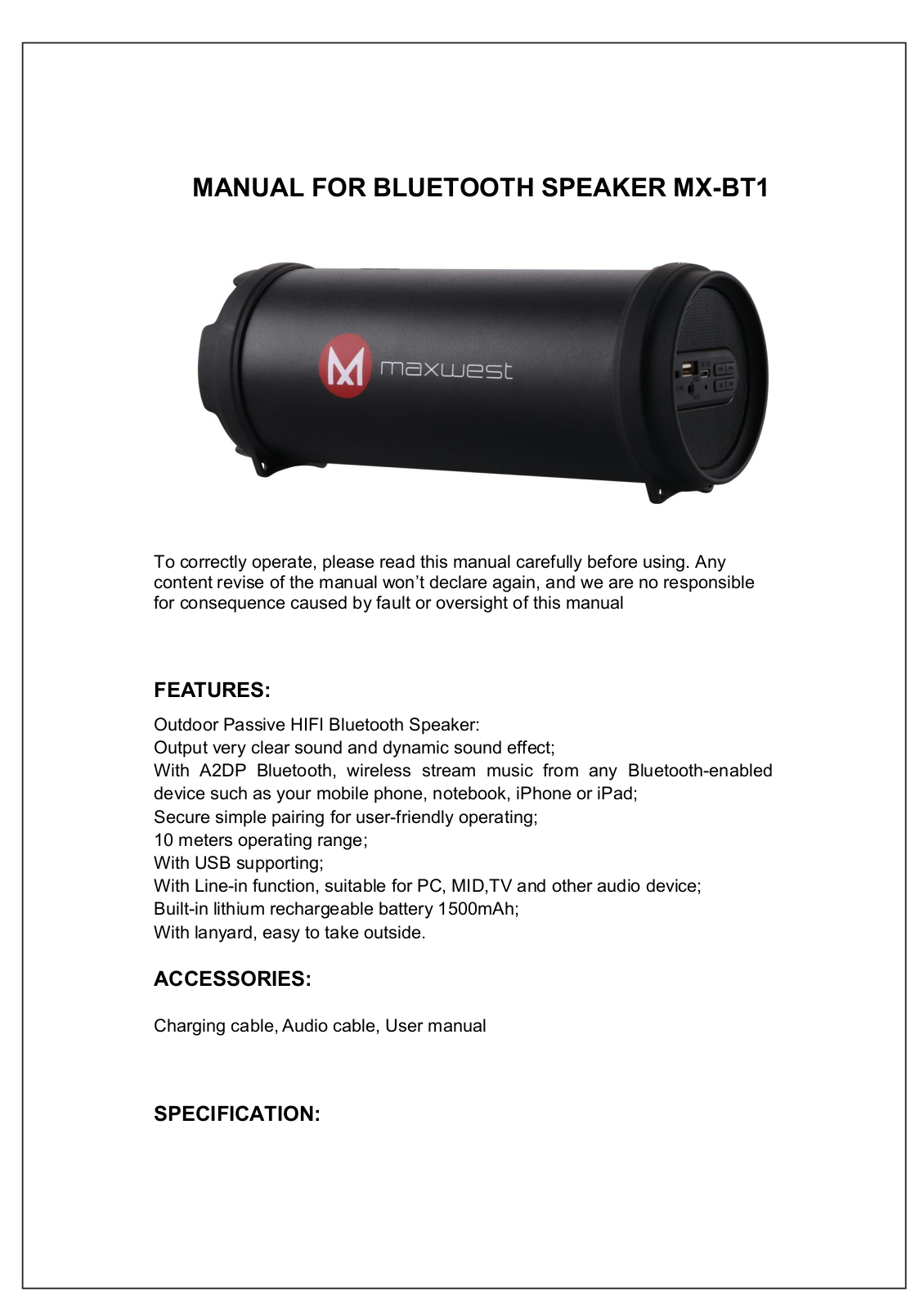 MAXWEST MXBT1 User Manual