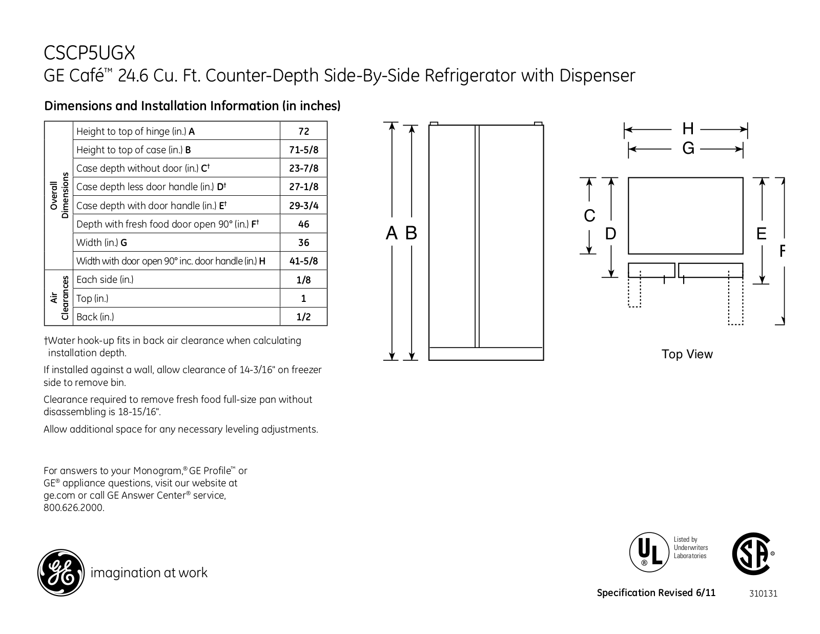 GE CSCP5UGX Specification