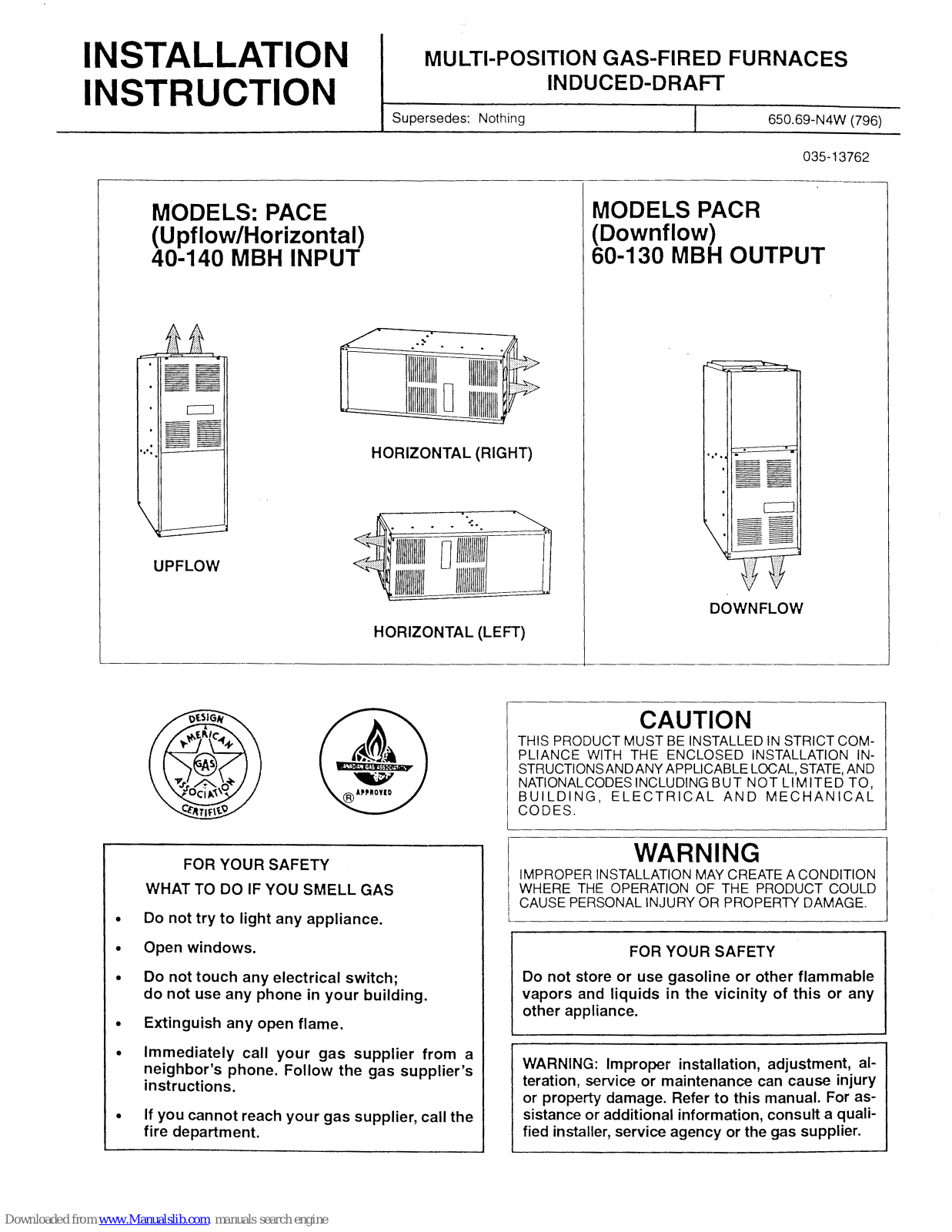 Unitary products group PACE, PACR Installation Instructions Manual