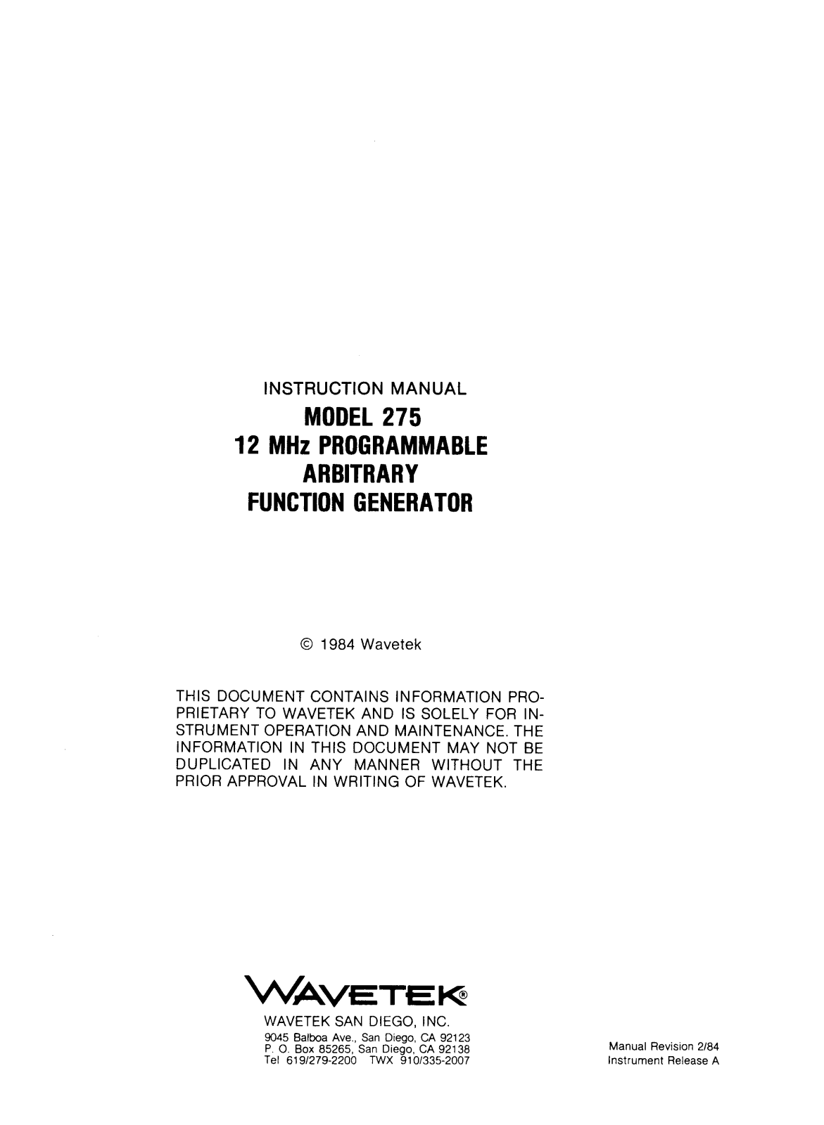 Wavetek 275 Service manual