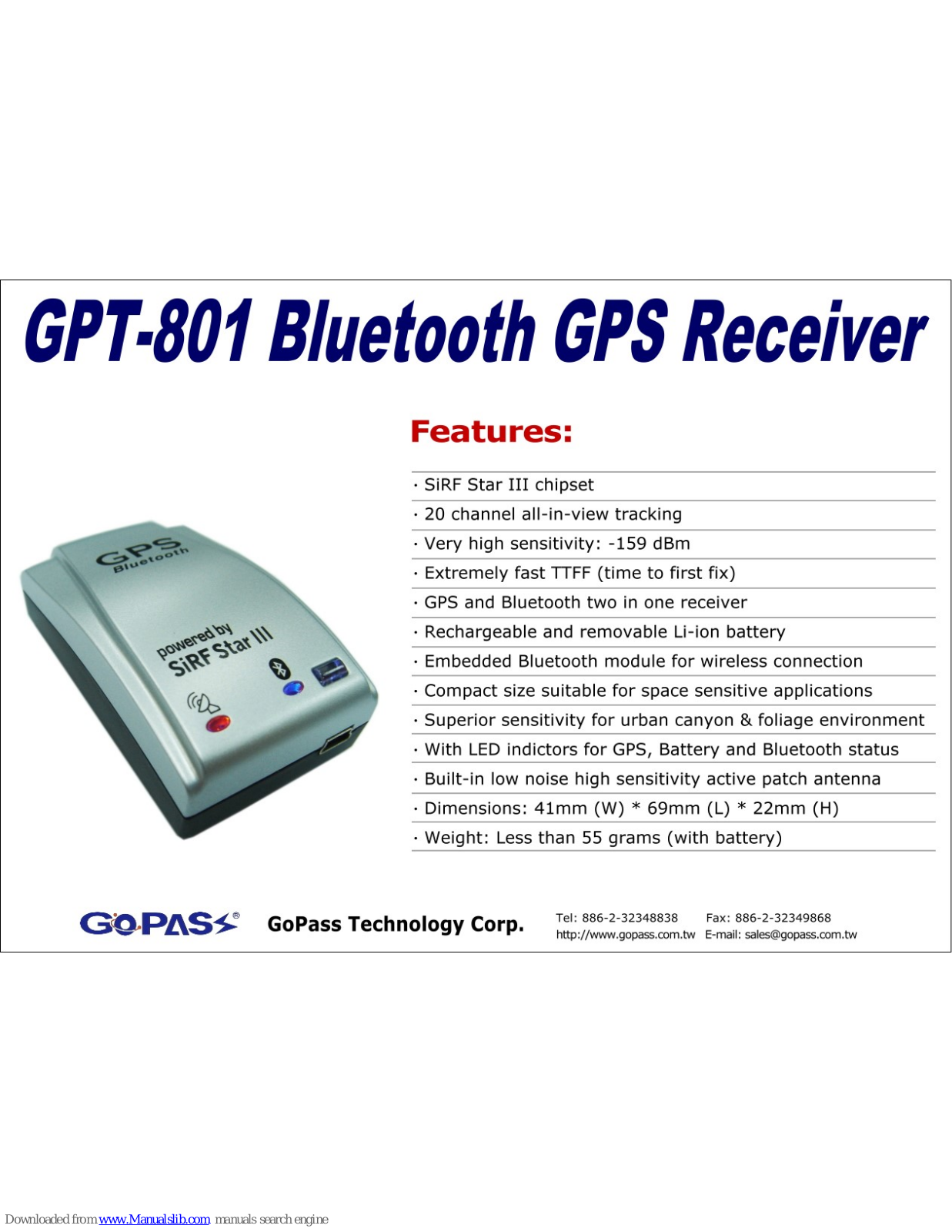 GoPass GPT-801 Specifications