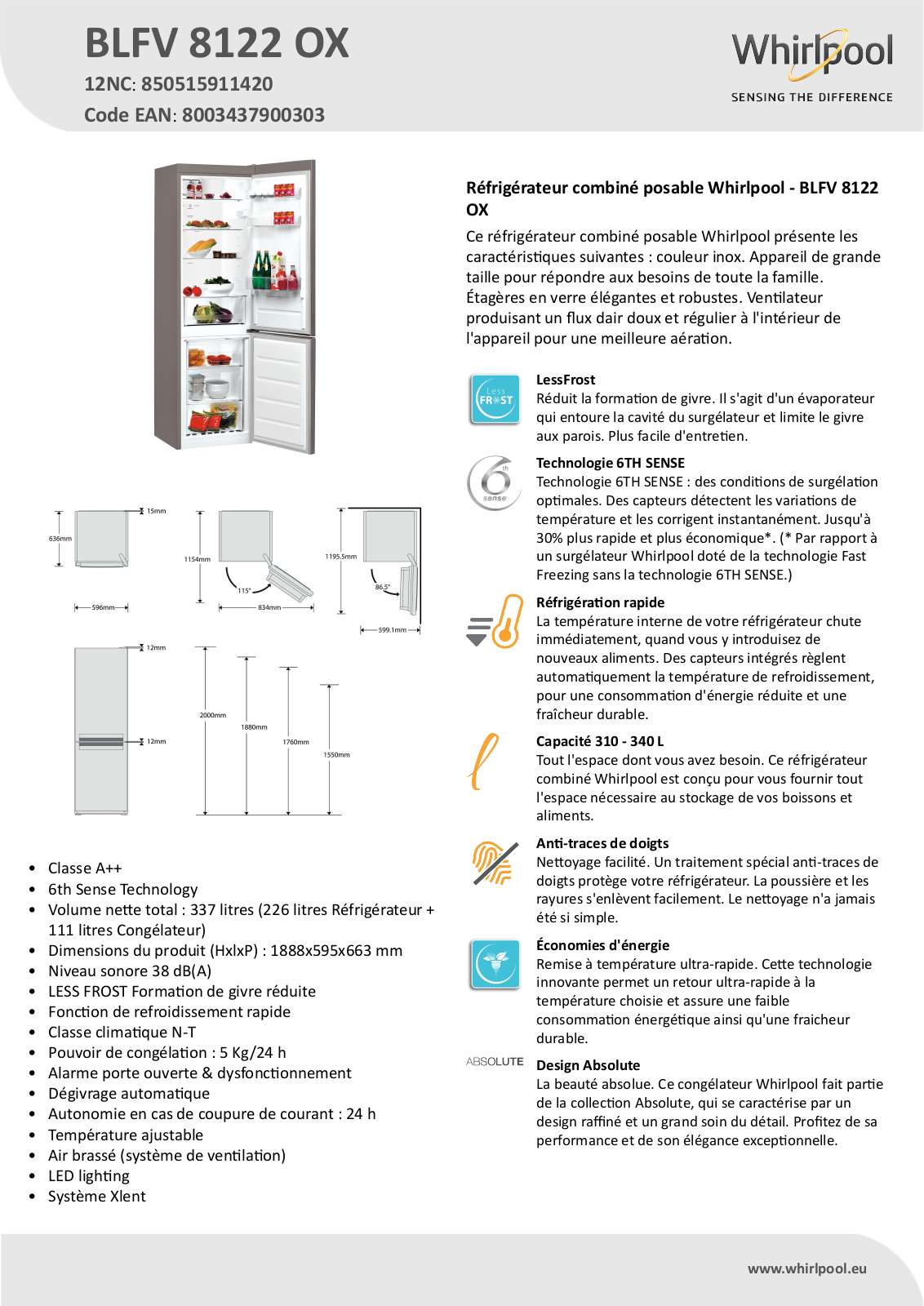 Whirlpool BLFV 8122 OX Product information