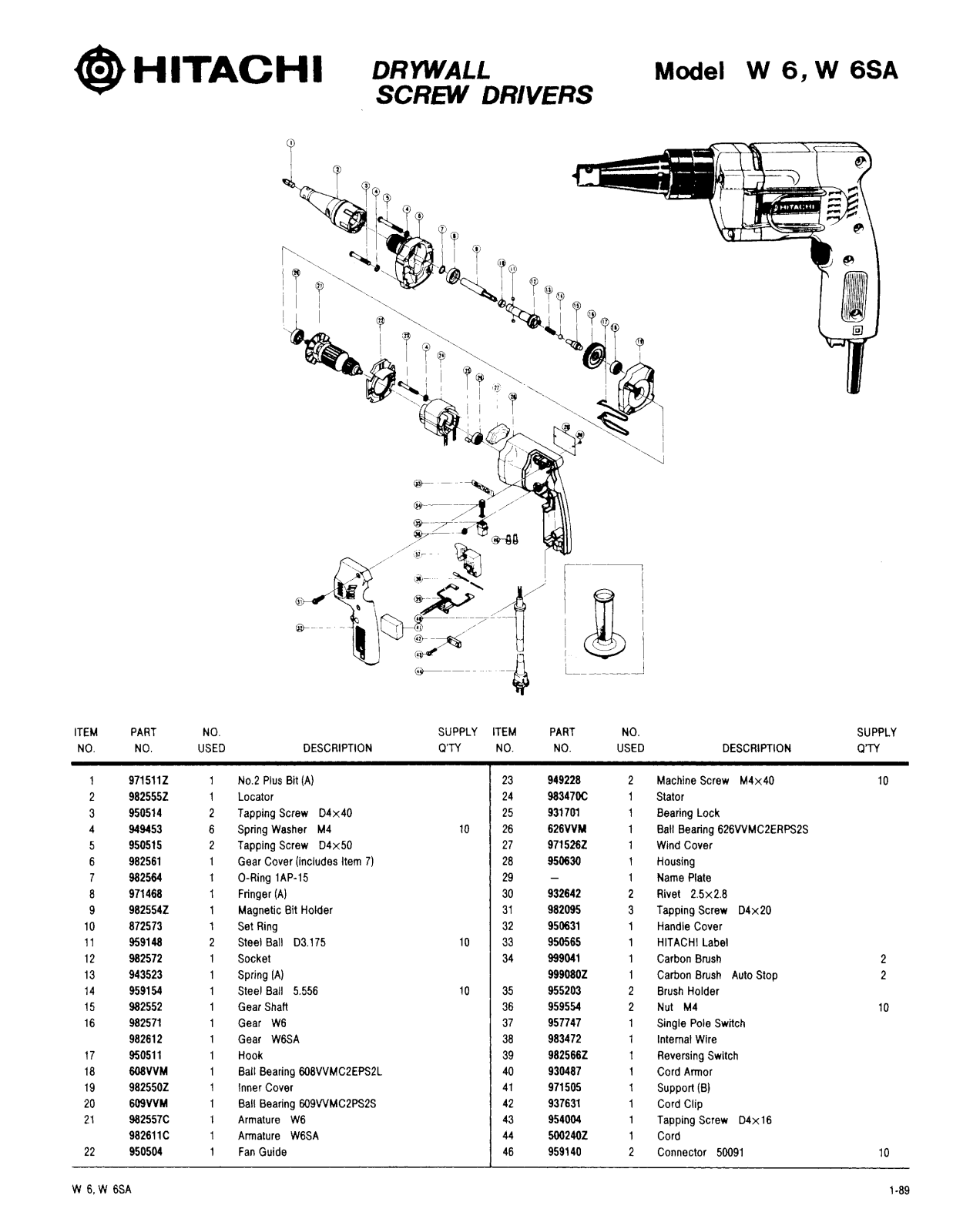 Hitachi W6SA, W6 PARTS LIST