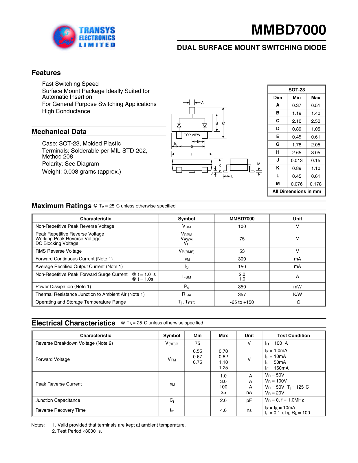 TEL MMBD7000 Datasheet