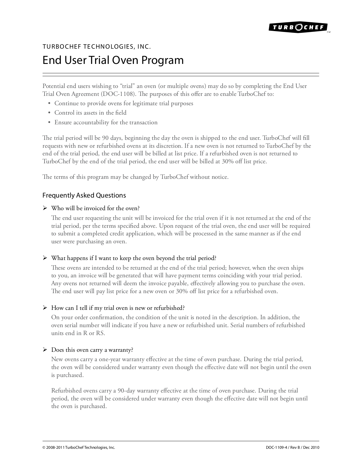 Turbo Chef Technologies DOC-1108 User Manual