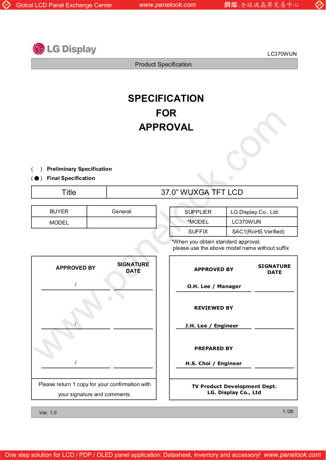 LG Display LC370WUN-SAC1 Specification