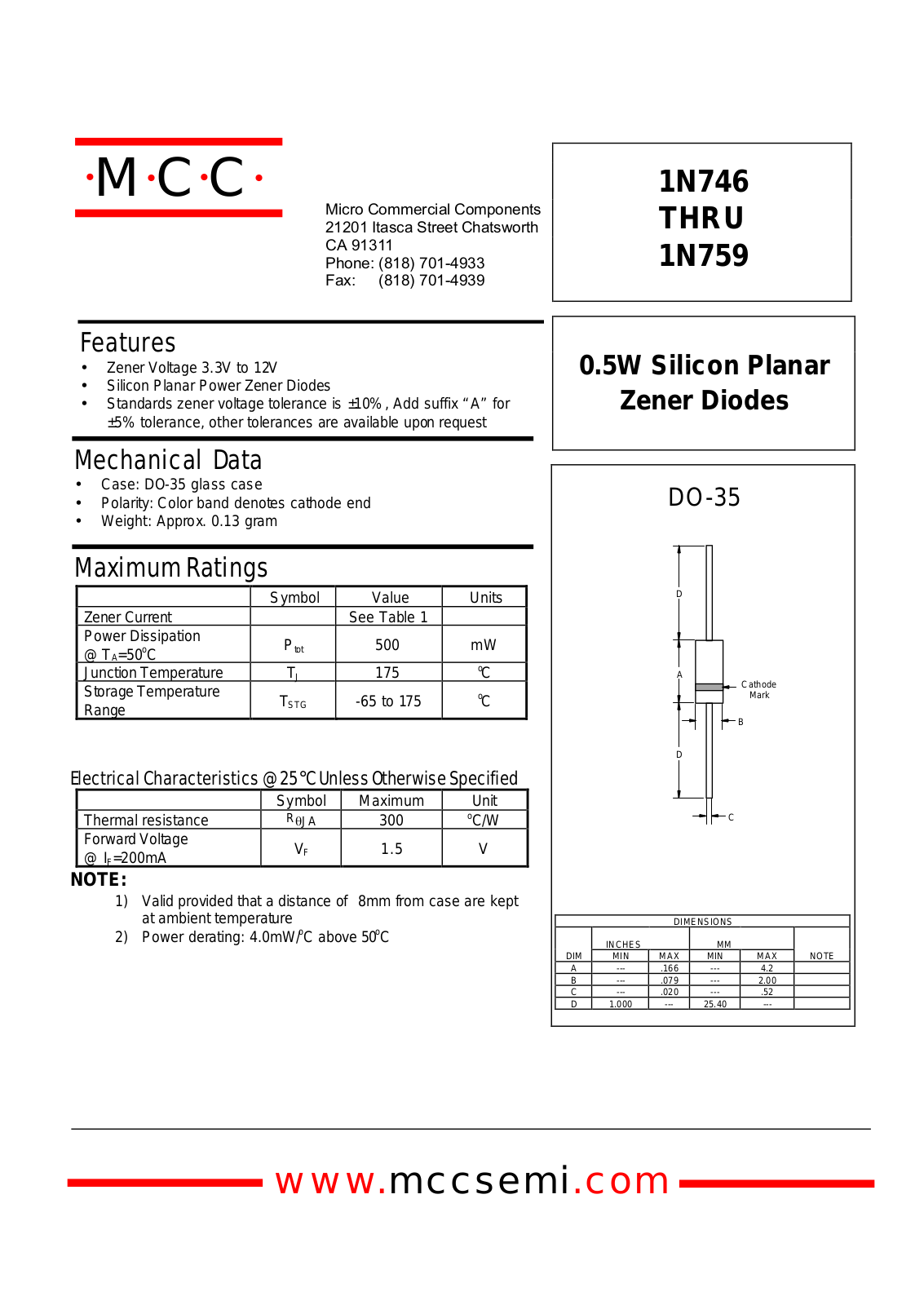 MCC 1N759, 1N758, 1N757, 1N756, 1N755 Datasheet