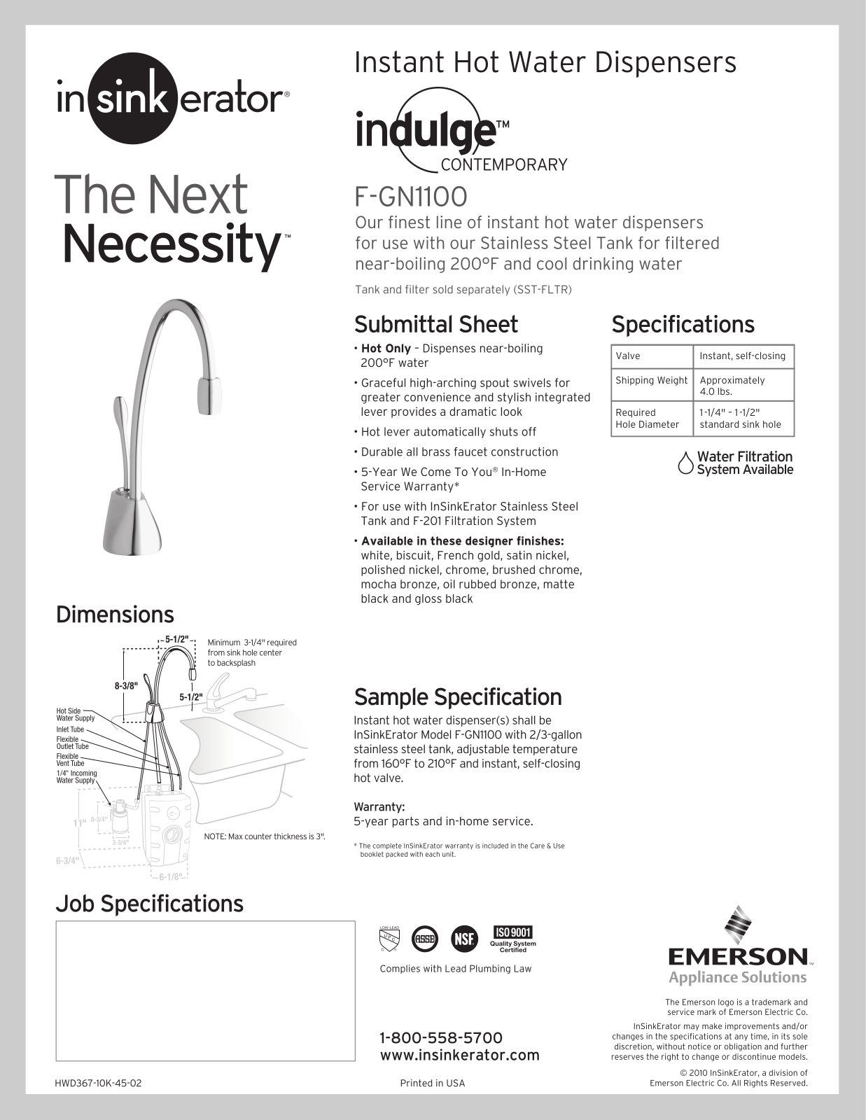 Insinkerator FGN1100C Specsheet