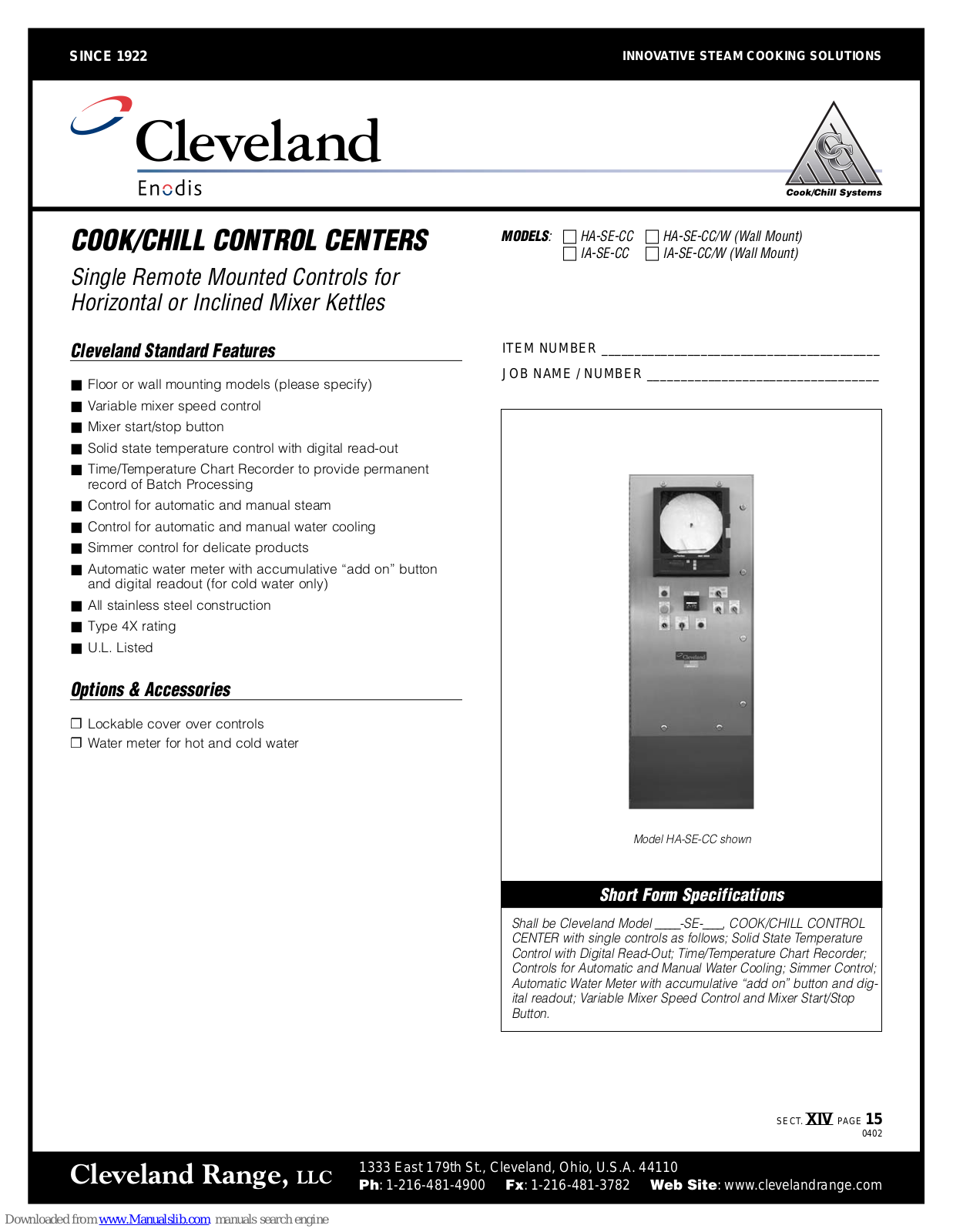 Cleveland IA-SE-CC, HA-SE-CC/W, IA-SE-CC/W Specifications