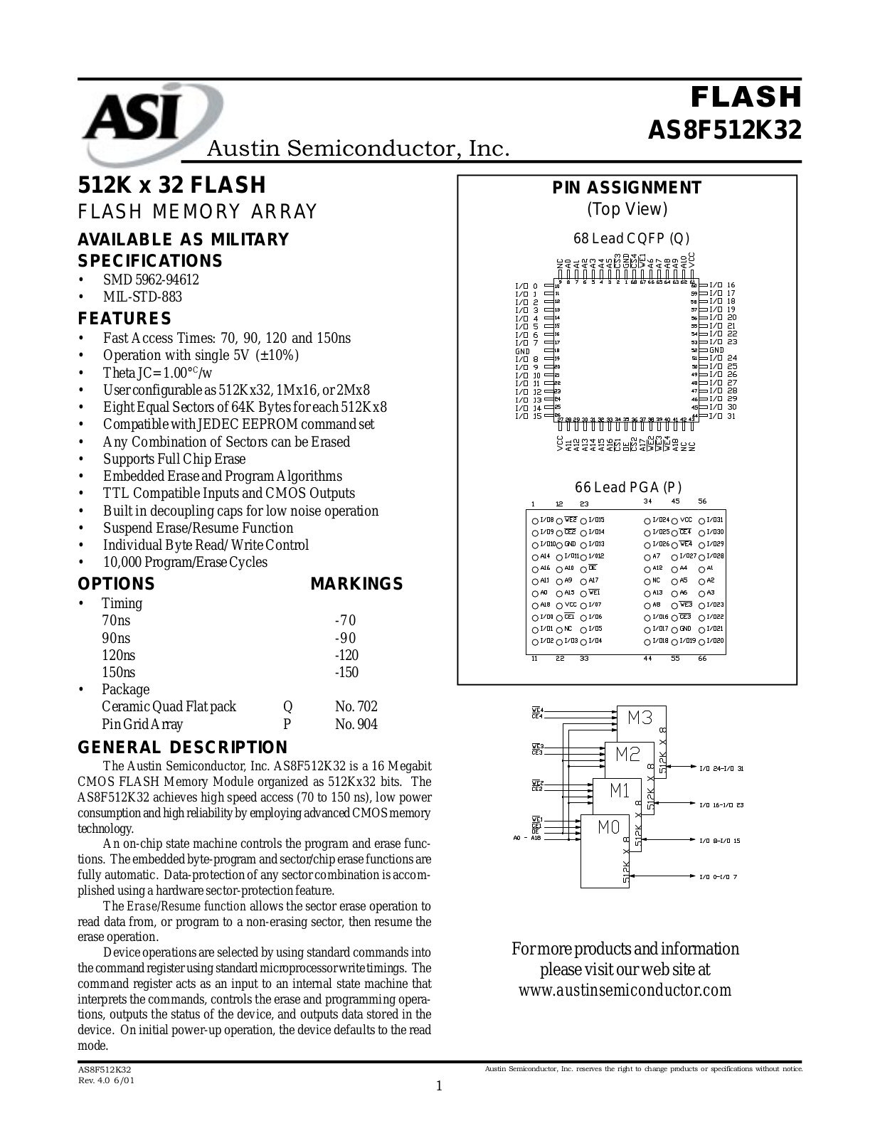 AUSTN AS8F512K32Q-70-883C, AS8F512K32Q-150-XT, AS8F512K32Q-150-IT, AS8F512K32Q-150-CT, AS8F512K32Q-150-883C Datasheet