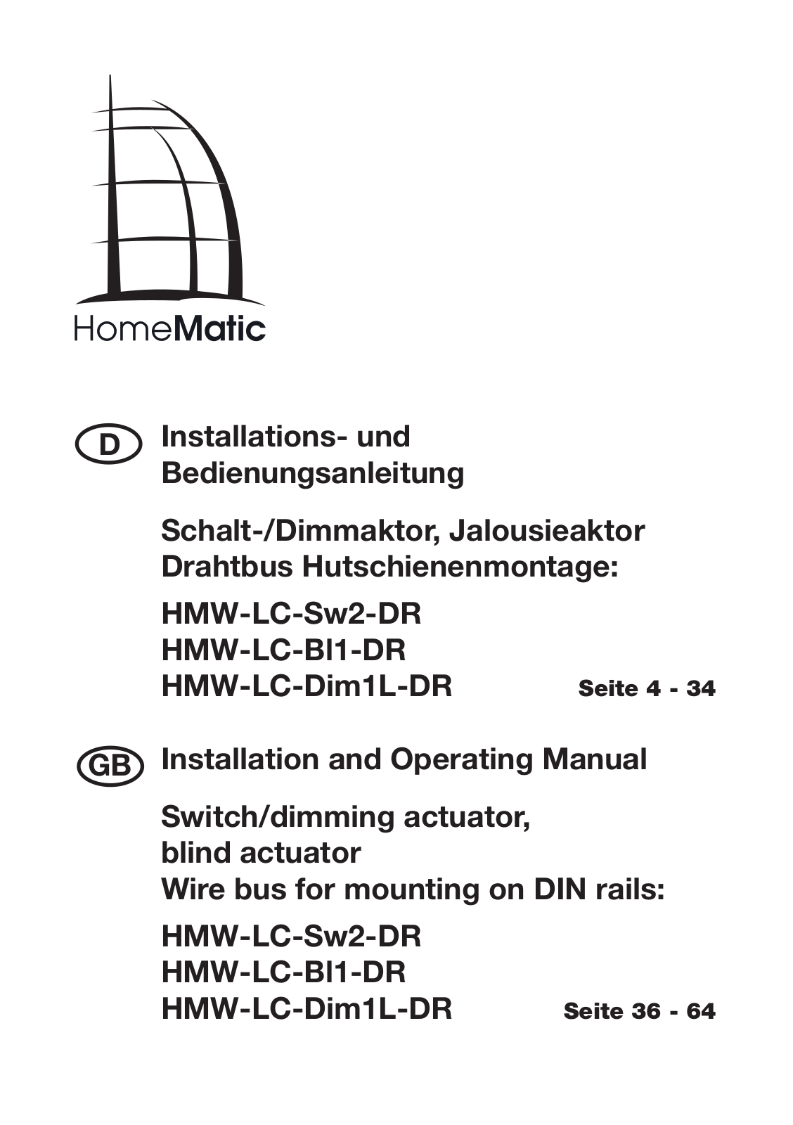 Homematic HMW-LC-Sw2-DR, HMW-LC-Bl1-DR, HMW-LC-Dim1L-DR Operating Manual