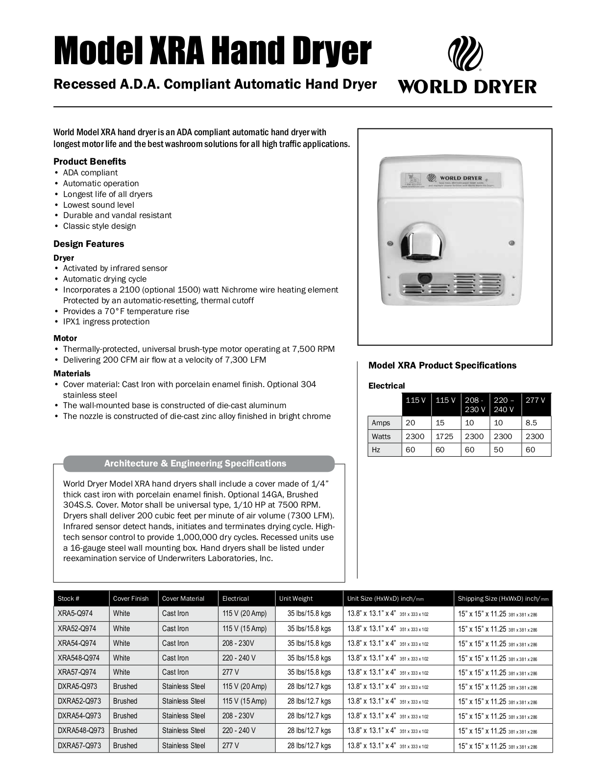 World Dryer XRA User Manual