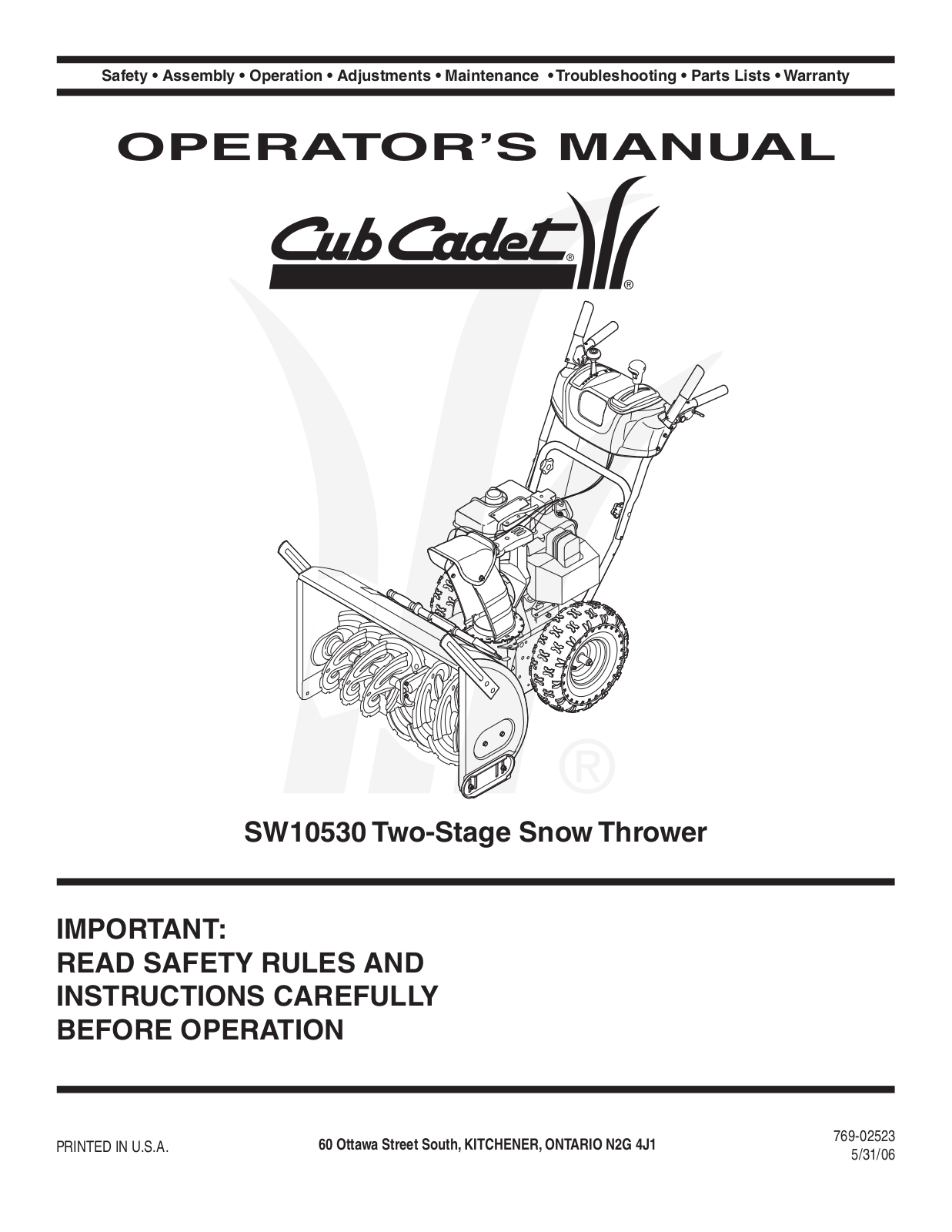 Cub Cadet SW10530 User Manual