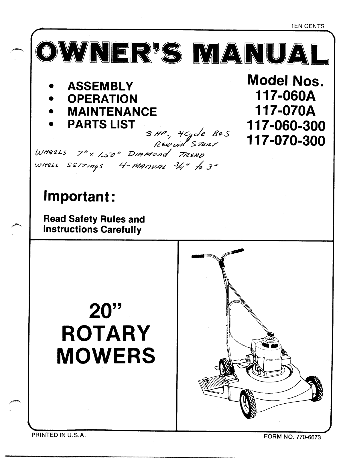 MTD 117-070-300, 117-070A, 117-060A, 117-060-300 User Manual