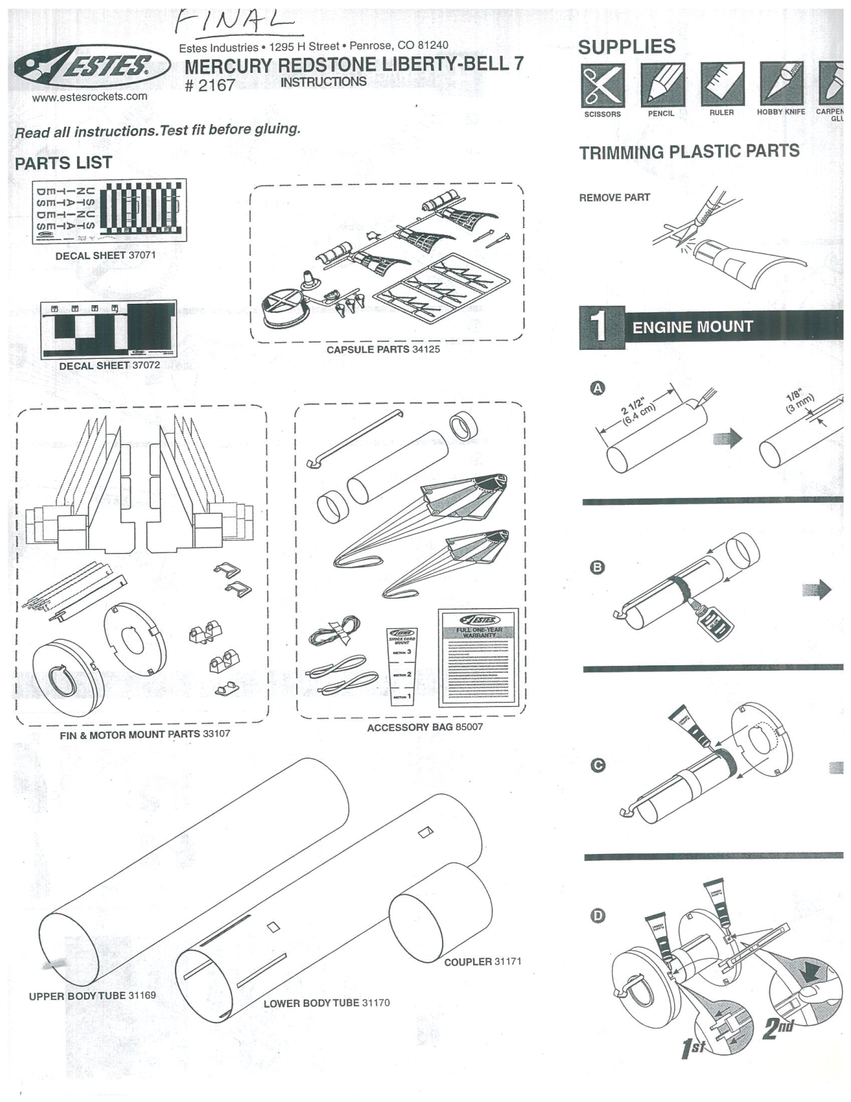 ESTES Mercury Redstone Liberty Bell User Manual