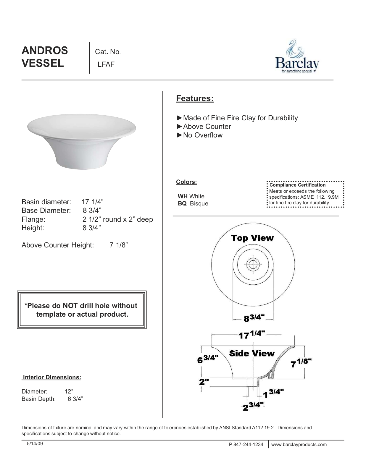 Barclay LFAFB Specifications