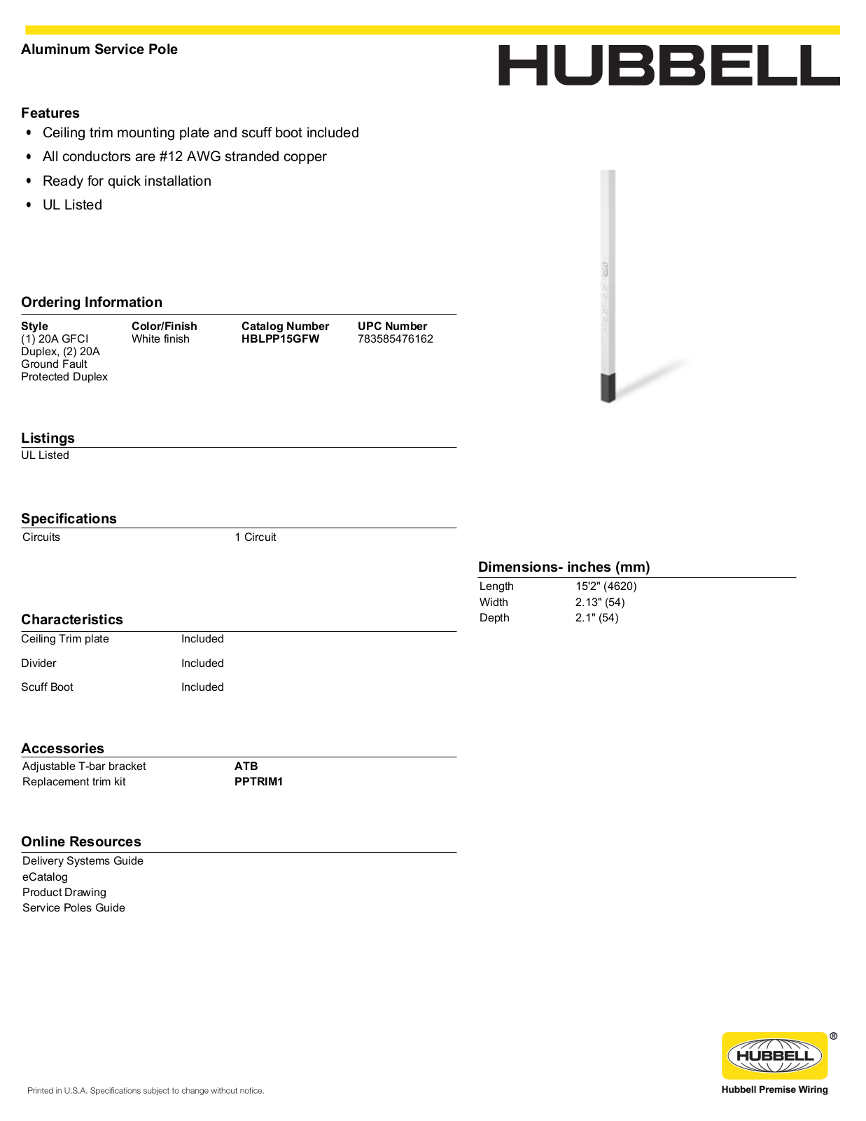 Hubbell HBLPP15GFW Specifications