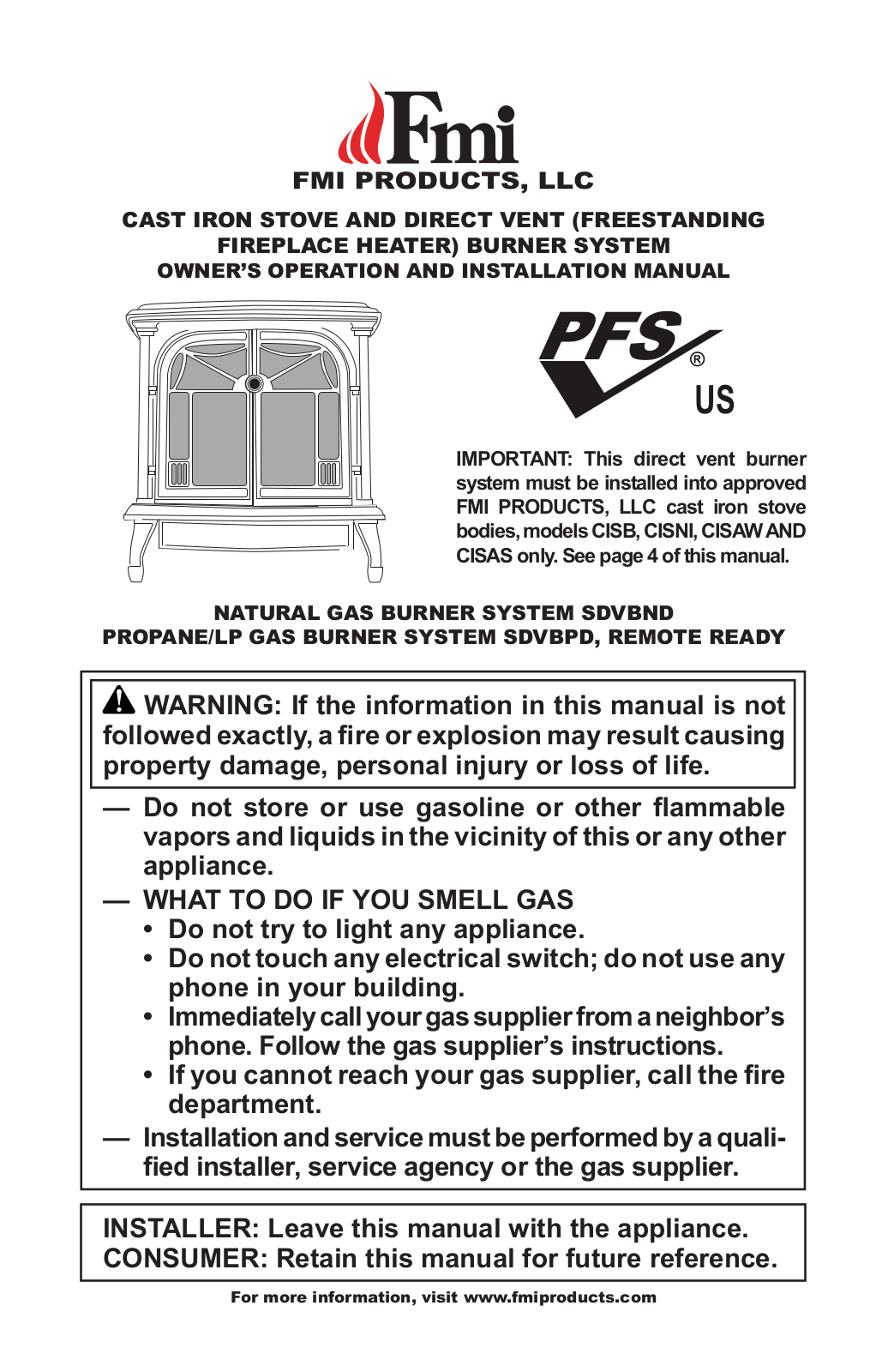 FMI Natural Gas Burner System SDVBND, SDVBND, SDVBPD Owner's Operation And Installation Manual