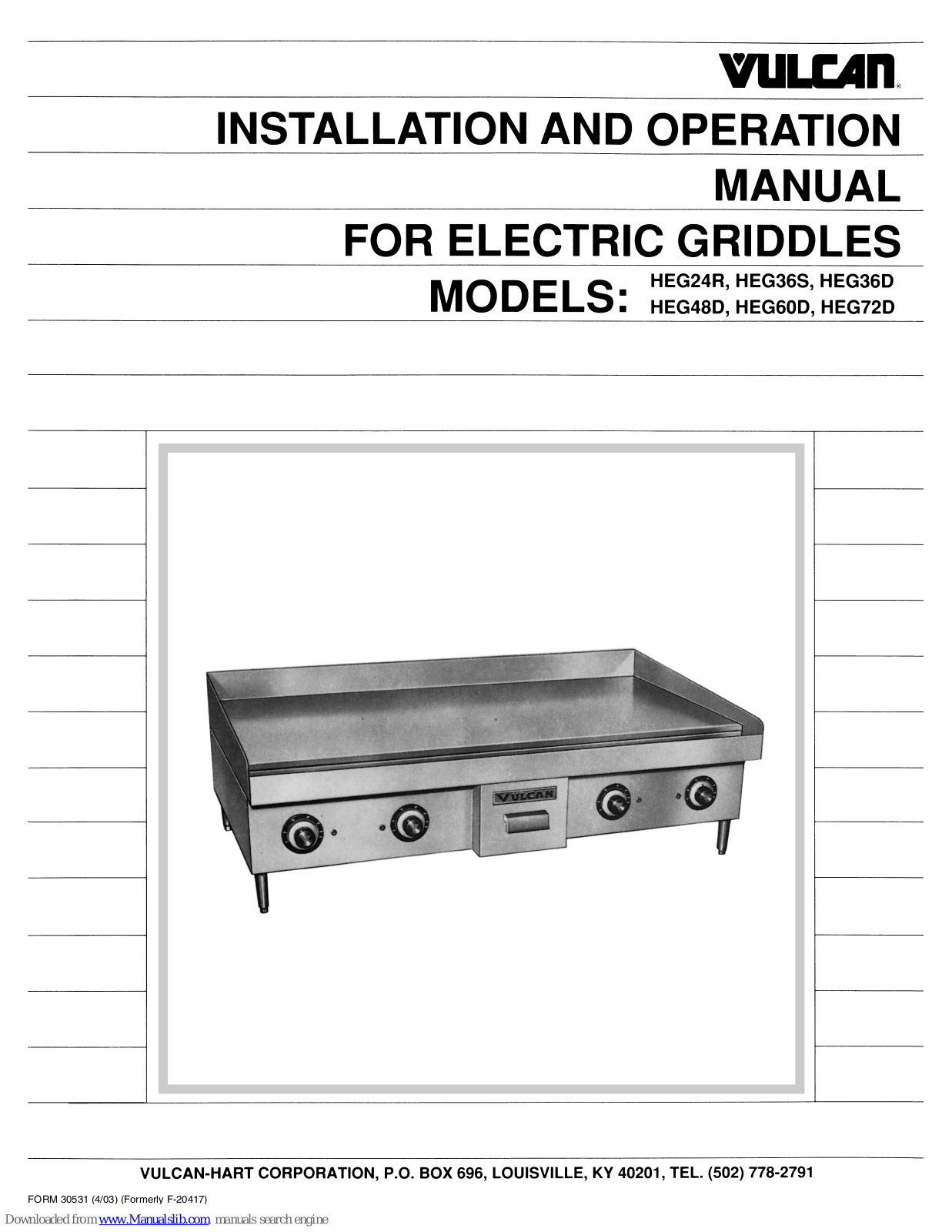 Vulcan-Hart HEG24R, HEG36D, HEG60D, HEG72D, HEG36S Installation And Operation Manual