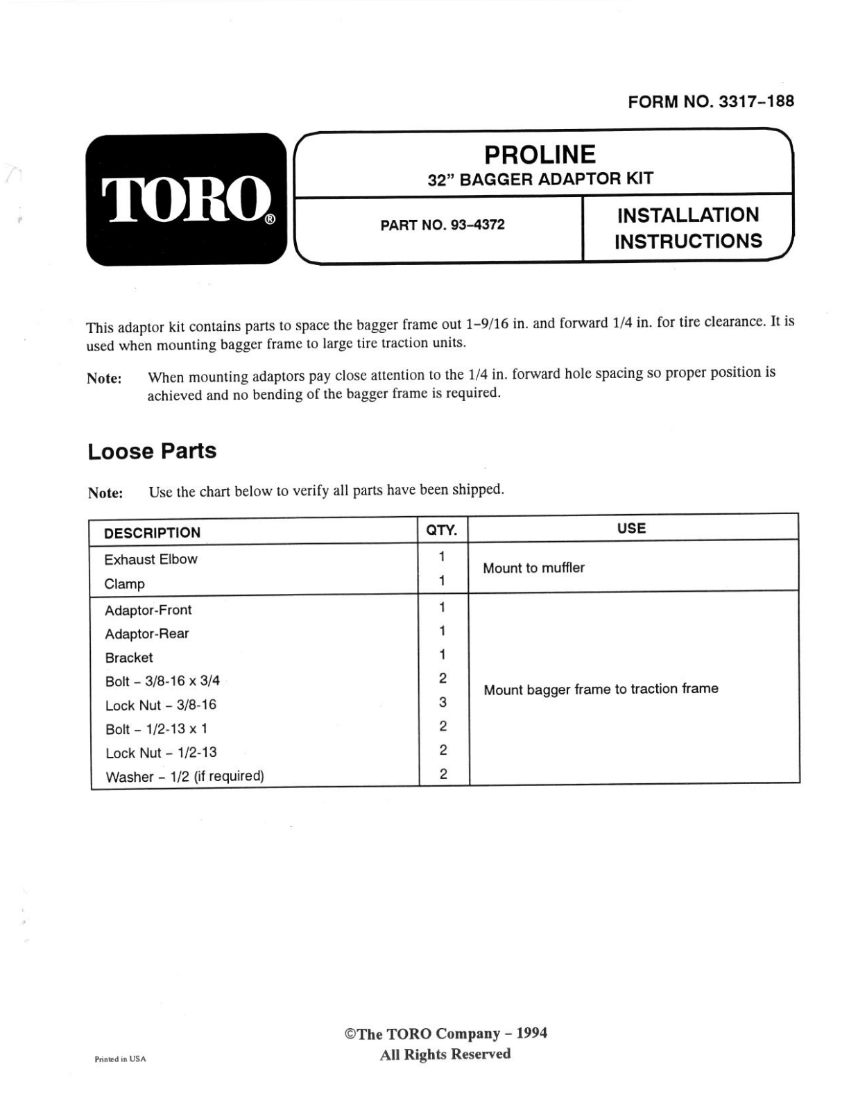 Toro 93-4372 Installation Instructions