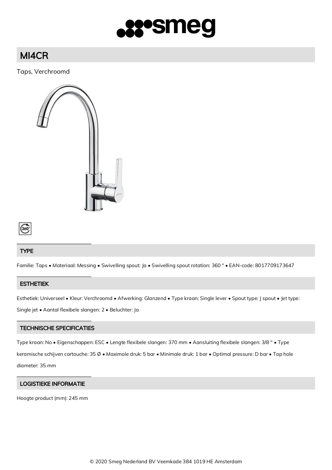 Smeg MI4CR Product Information Sheet