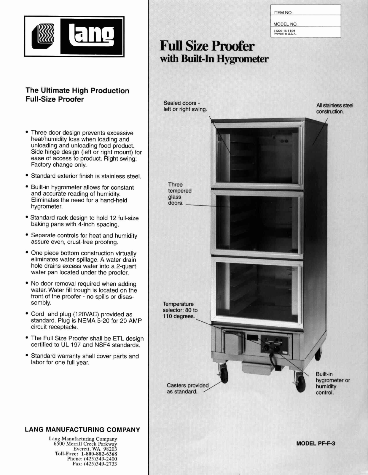 Lang Manufacturing PF-F-3 User Manual