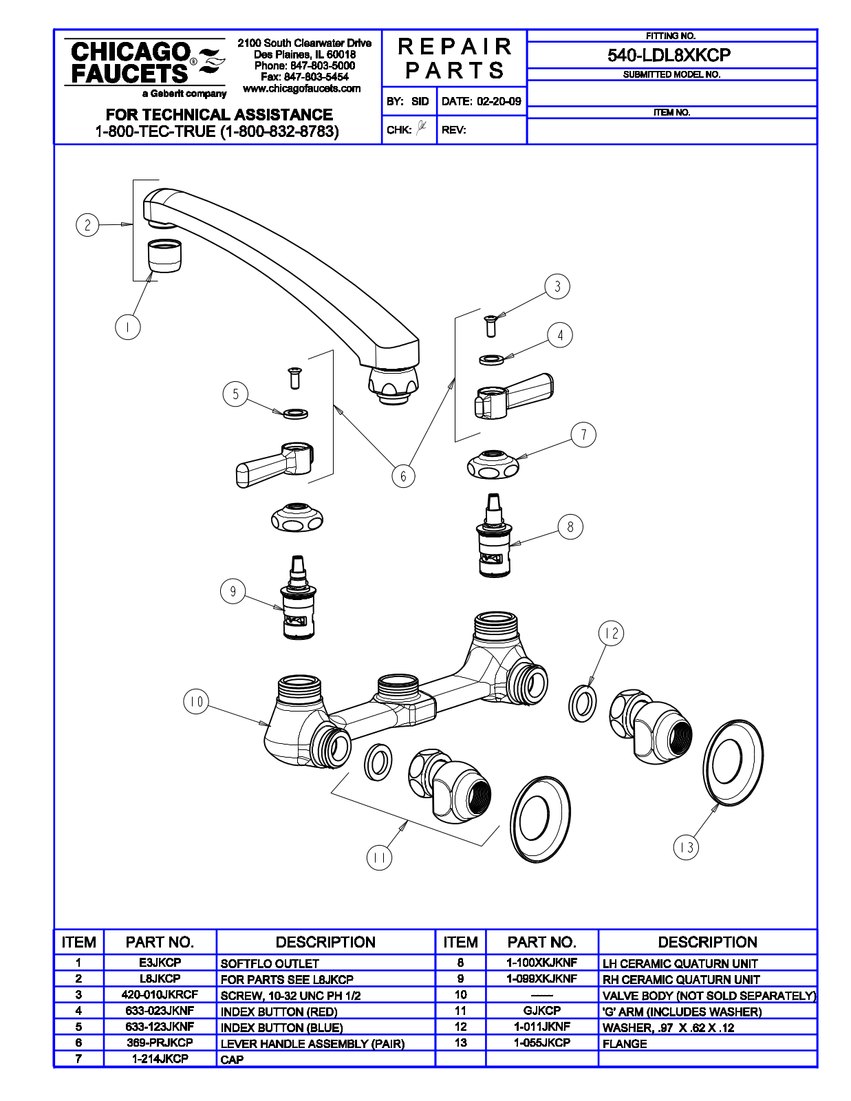 Chicago Faucet 540-LDL8XK Parts List