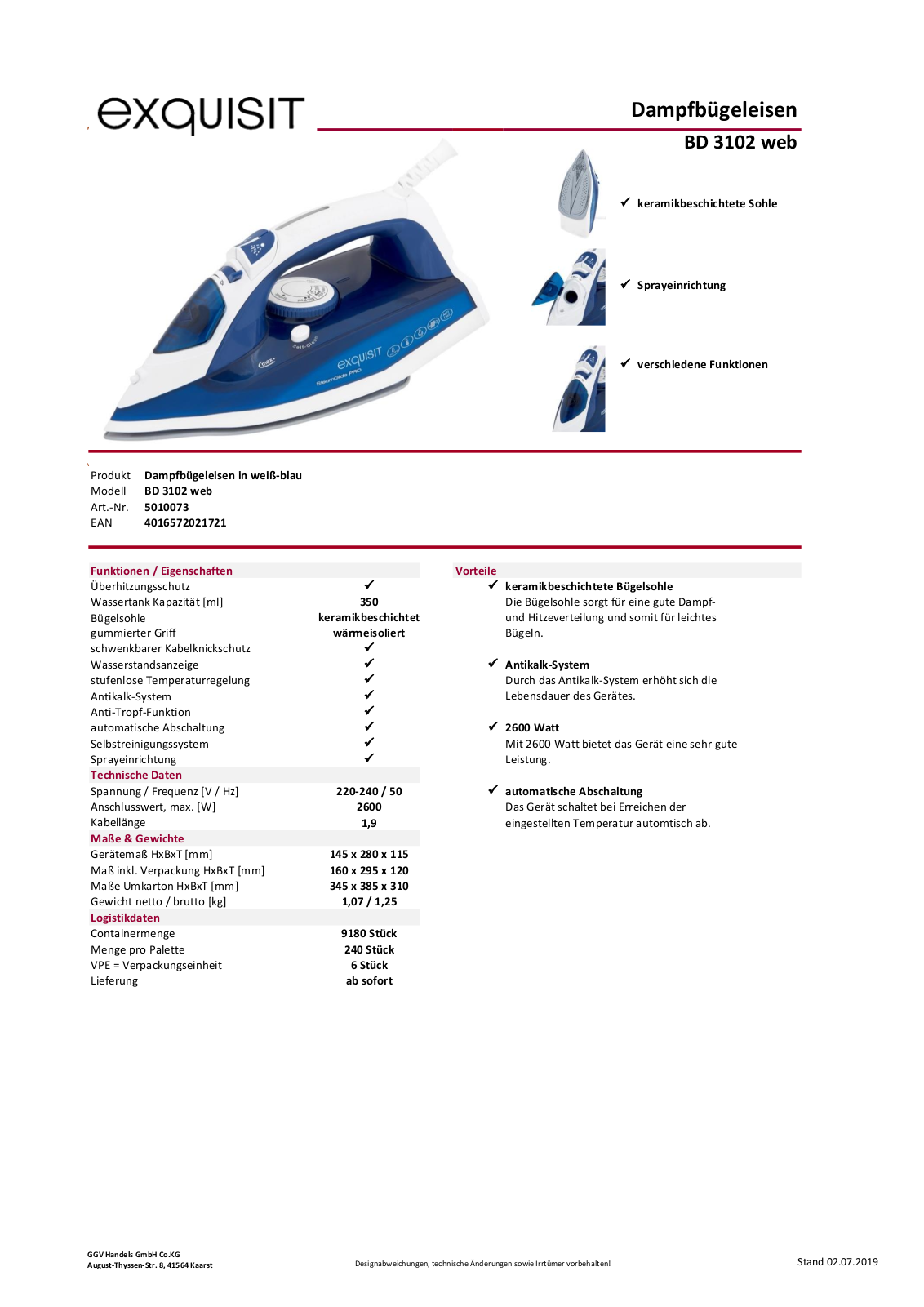 exquisit BD 3102 web Technical data