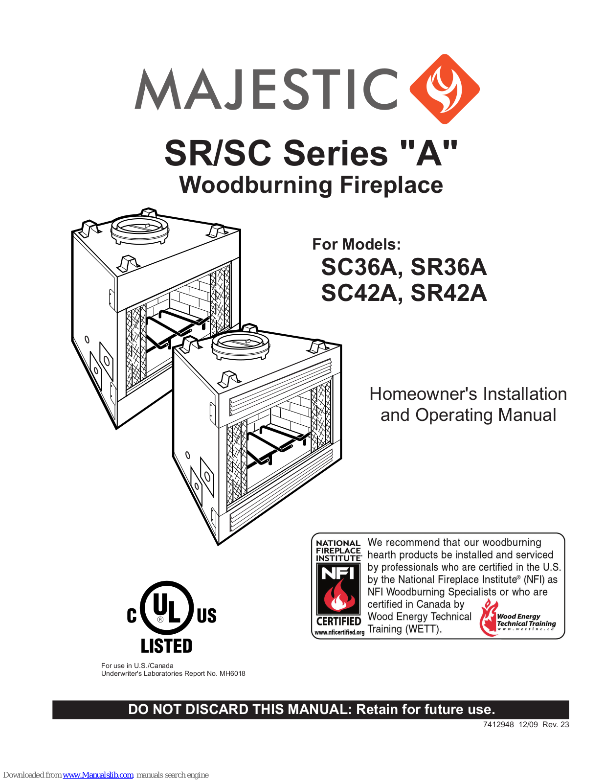 Majectic SC36A, SC42A, SR42A, SR36A Homeowner's Installation And Operating Manual