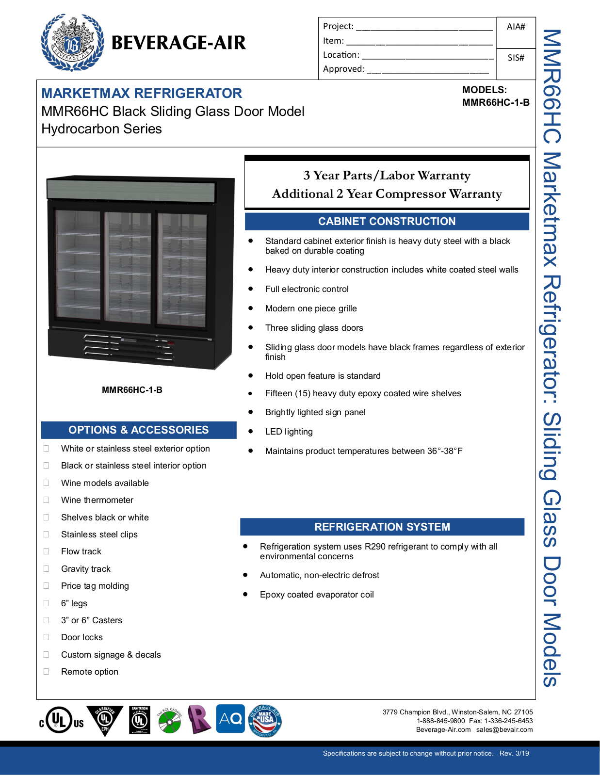 Beverage-Air MMR66HC1B Specifications