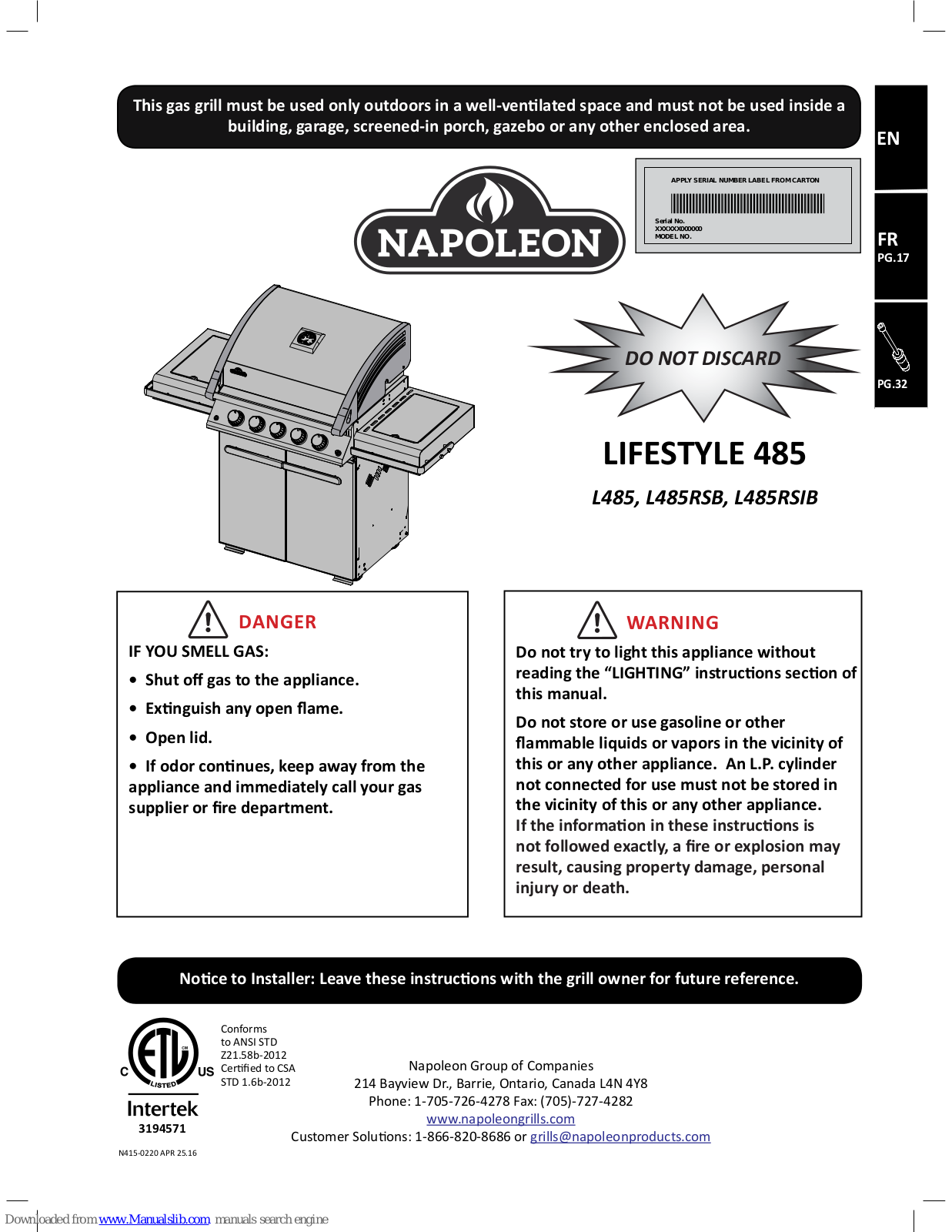 Napoleon L485, lifestyle 485, L485RSB, L485RSIB User Manual