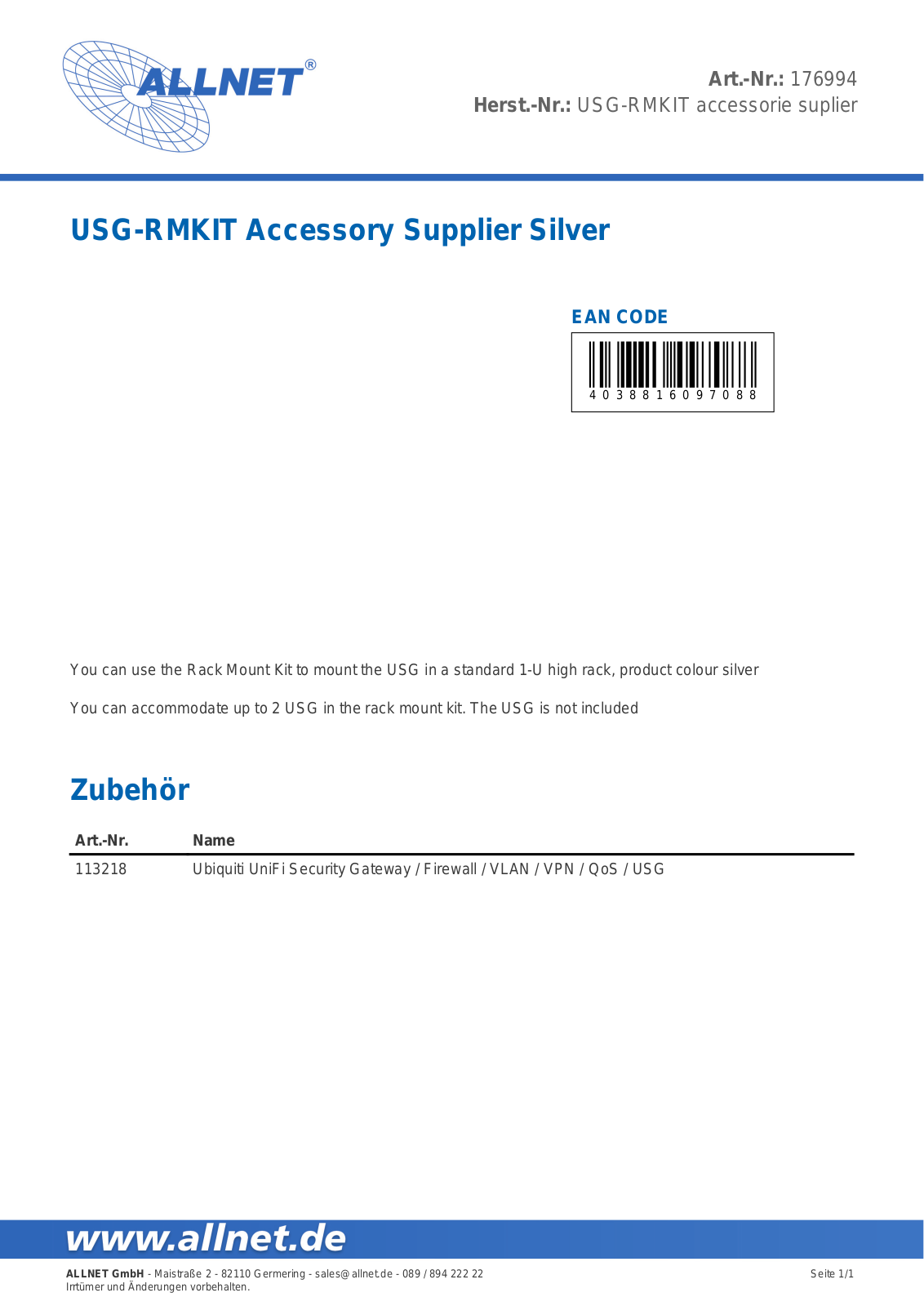 ALLNET ALLNET USG-RMKIT Datasheet