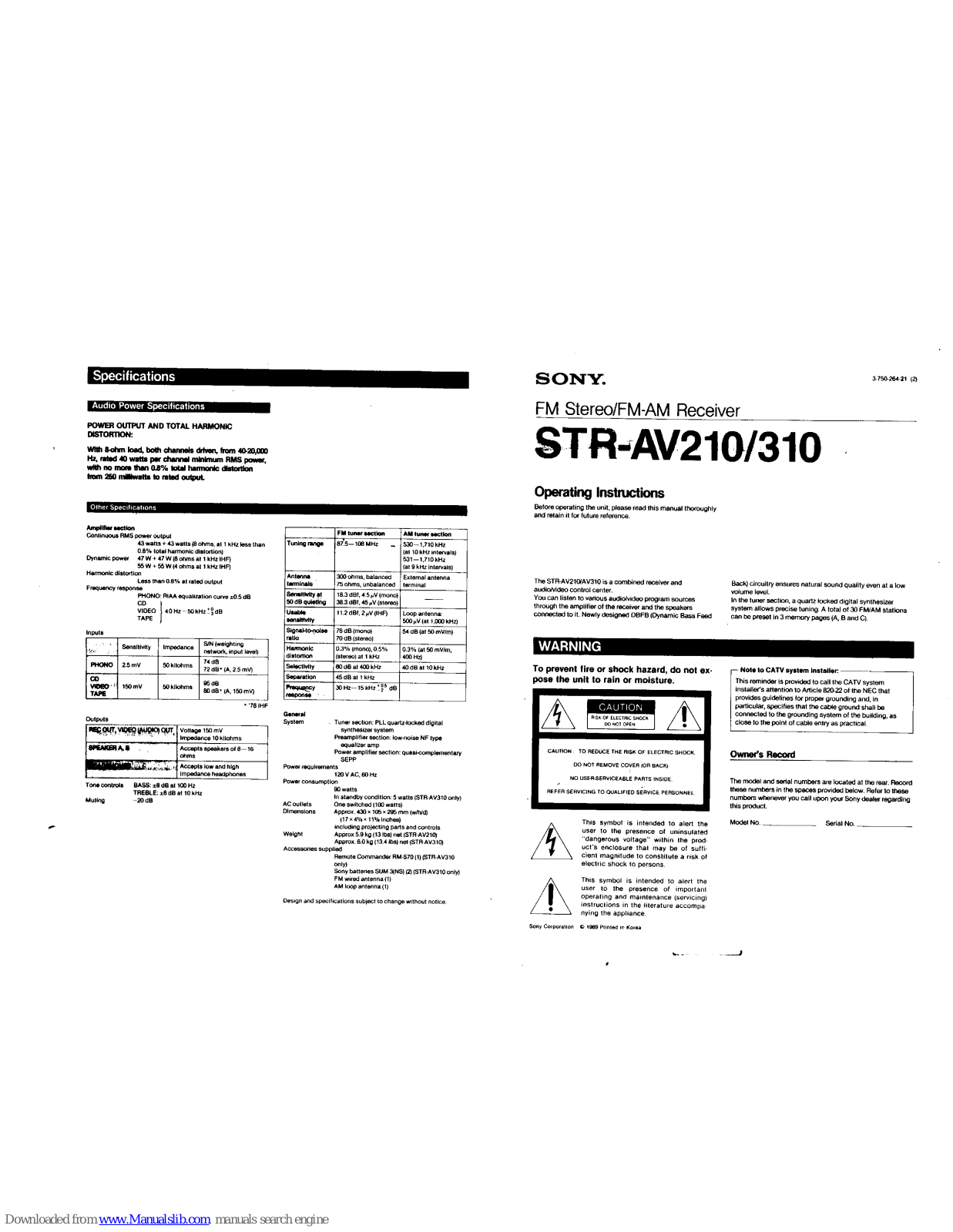 Sony STR-AV210,STR-AV310 Operating Instructions Manual