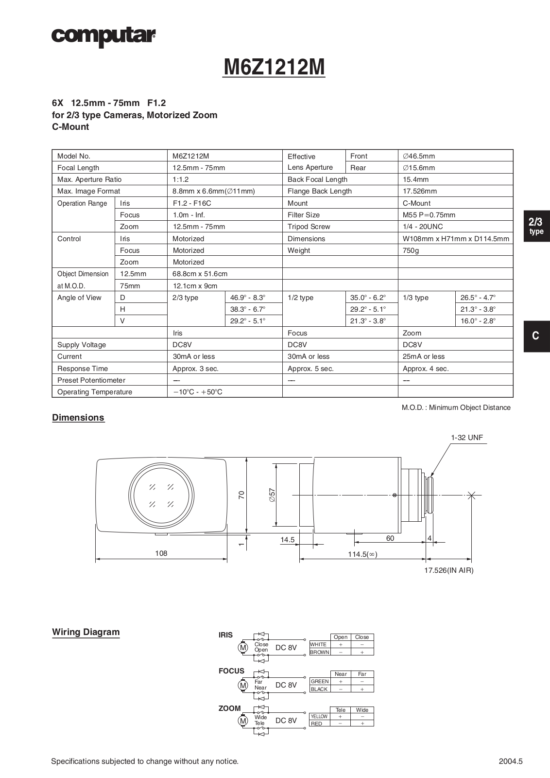 Computar M6Z1212M Specsheet