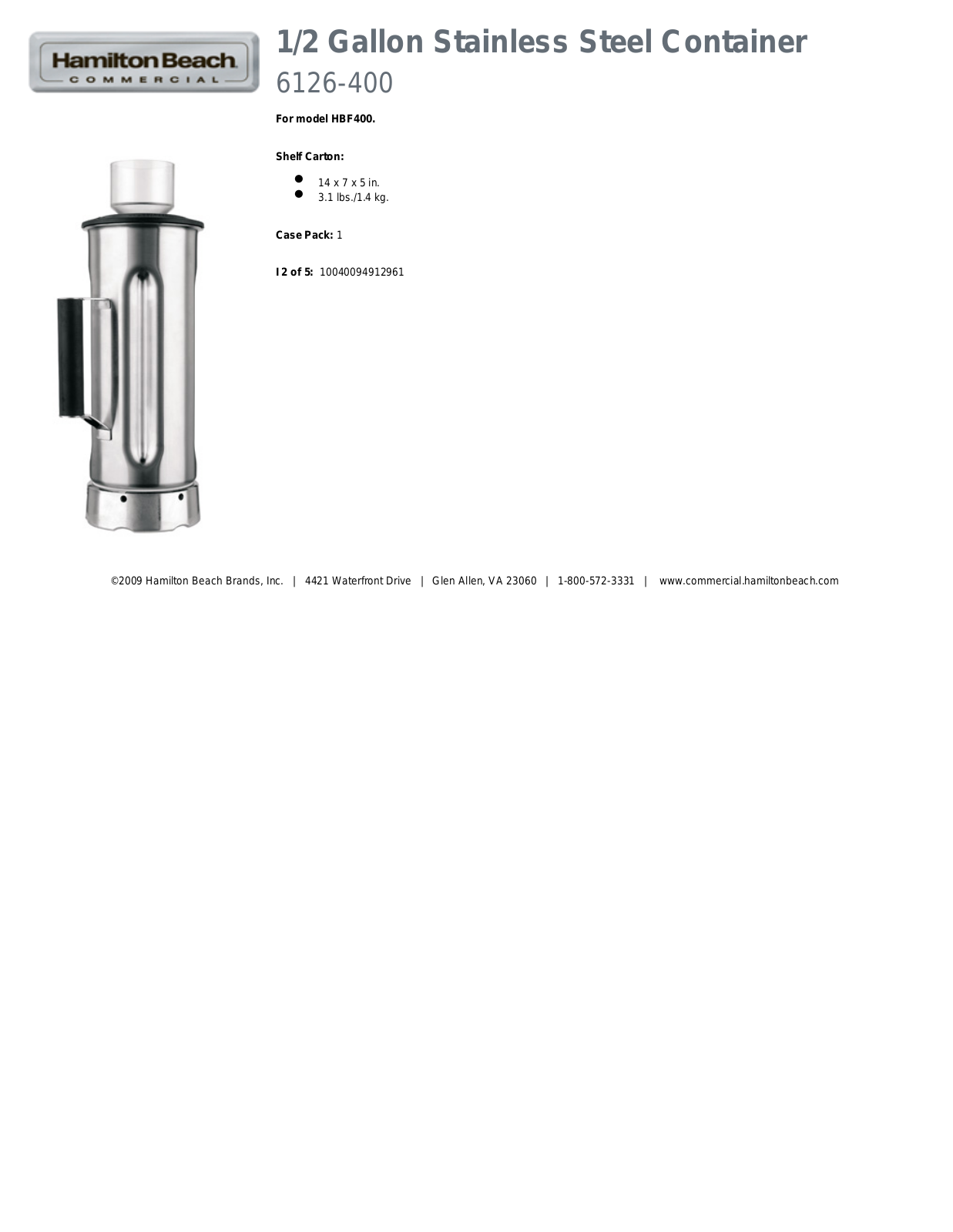 Hamilton Beach 6126-400 Specifications