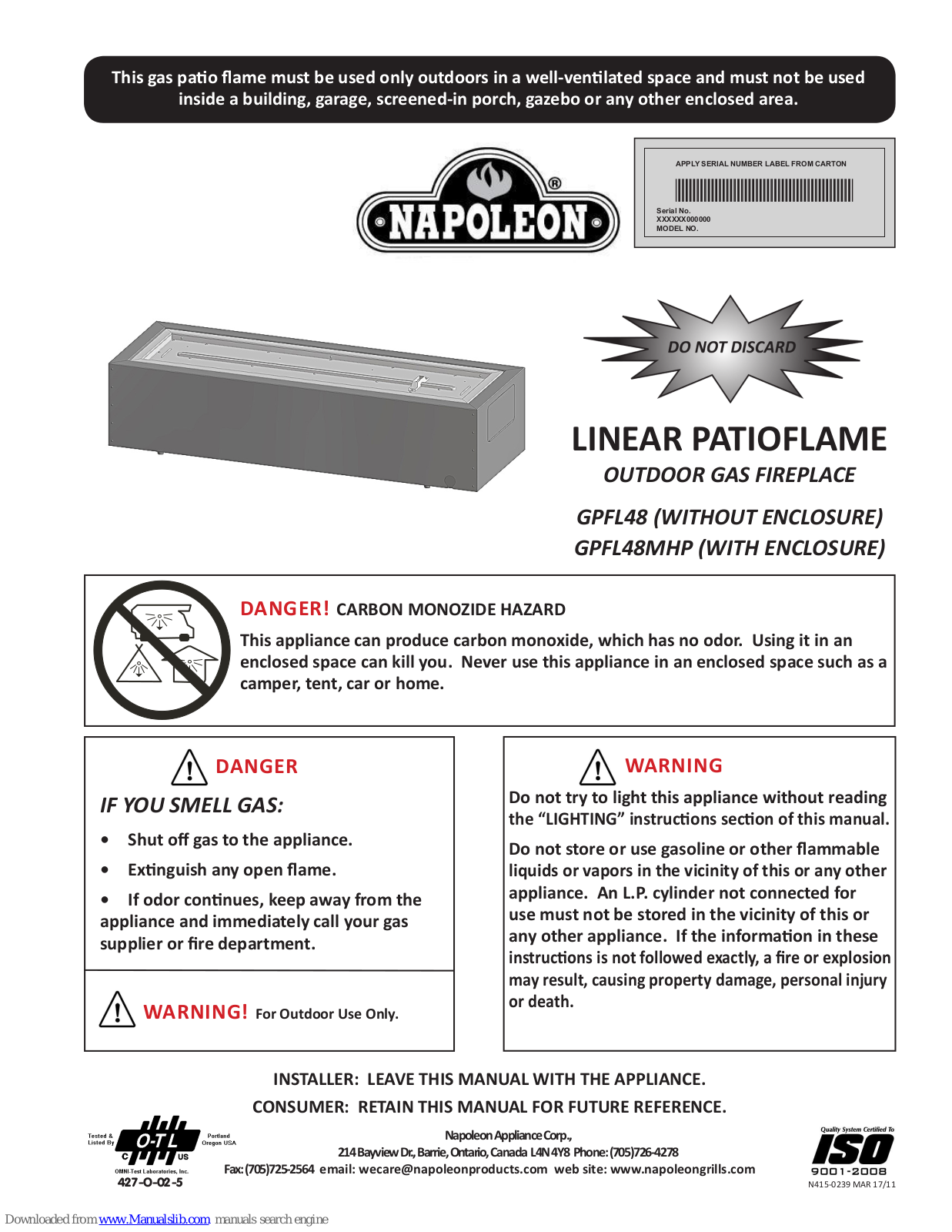 Napoleon LINEAR PATIOFLAME GPFL48, LINEAR PATIOFLAME GPFL48MHP User Manual