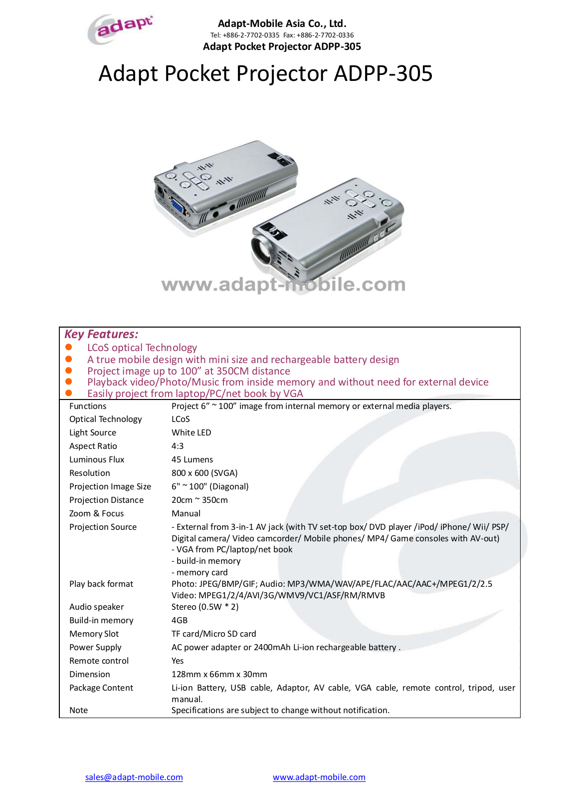 Adapt Mobile ADPP-305 Product Sheet