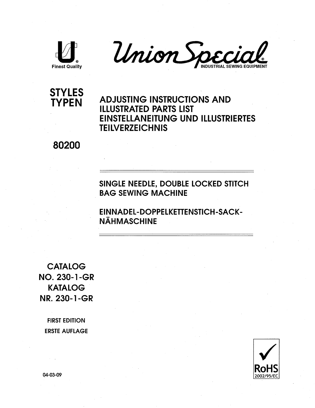 Union Special 80200A, 80200AA, 80200AB, 80200AC, 80200AD Parts List