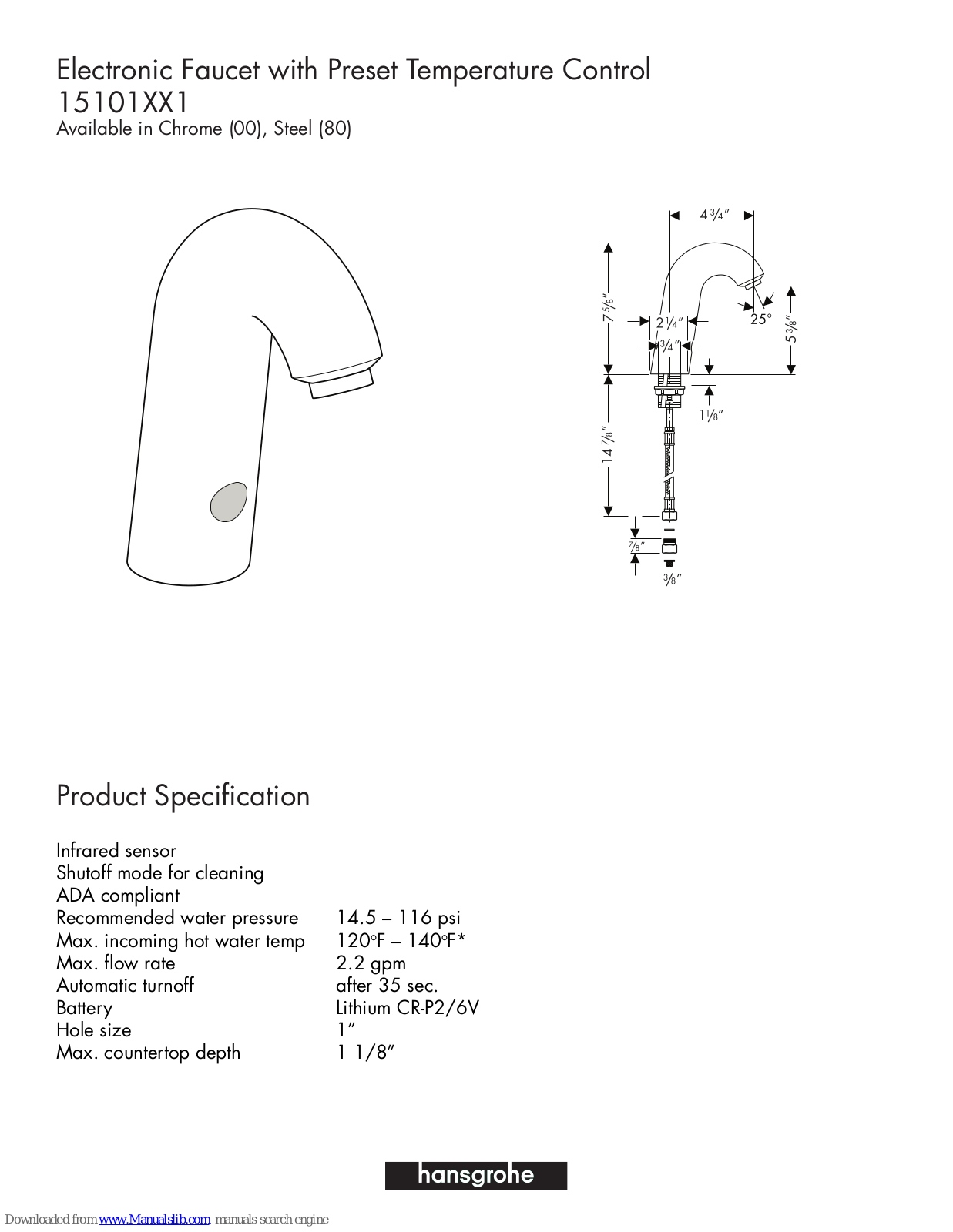 Grohe Electronic Faucet with Preset Temperature Control 15101XX1, 15101001, 15101801 Specification Sheet