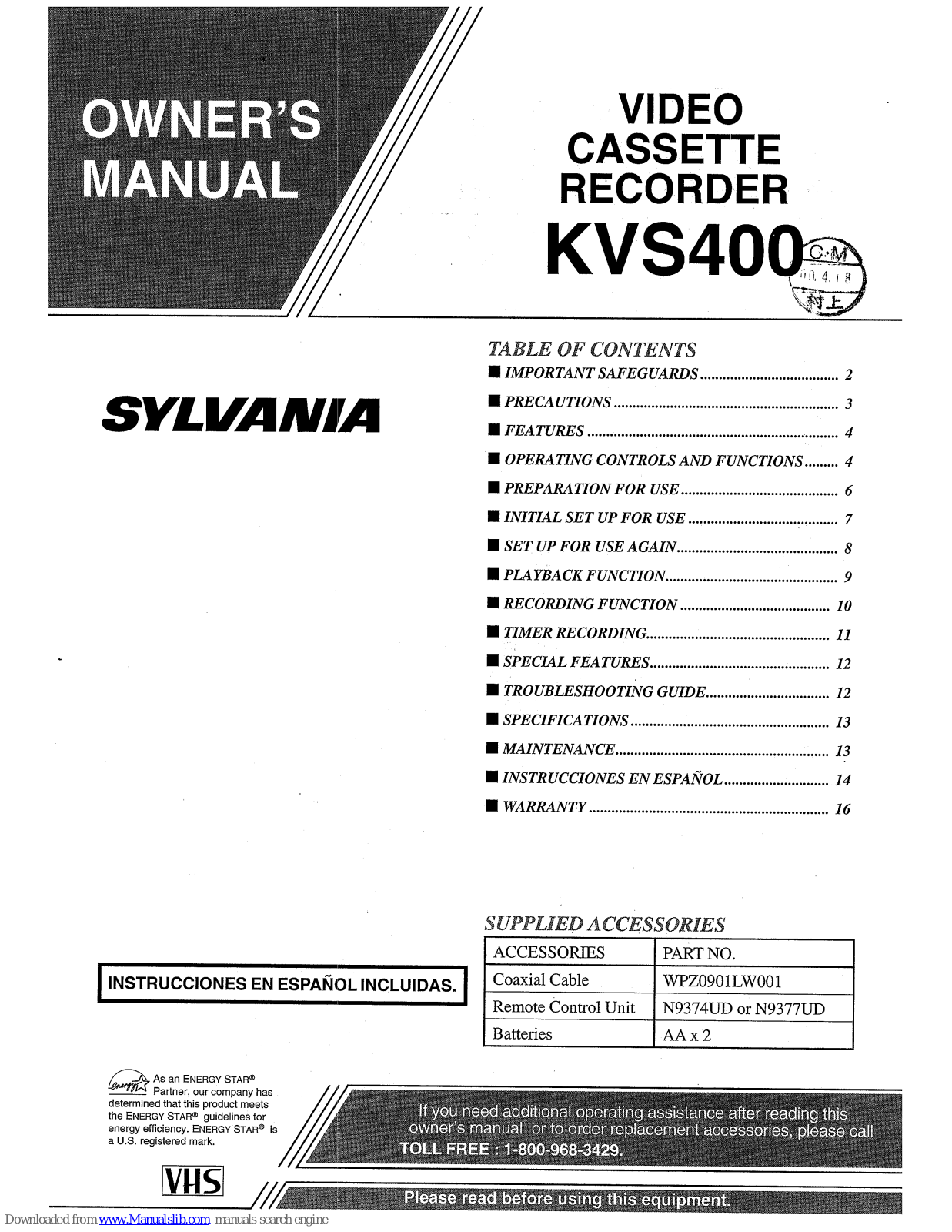 Sylvania KVS400 Owner's Manual