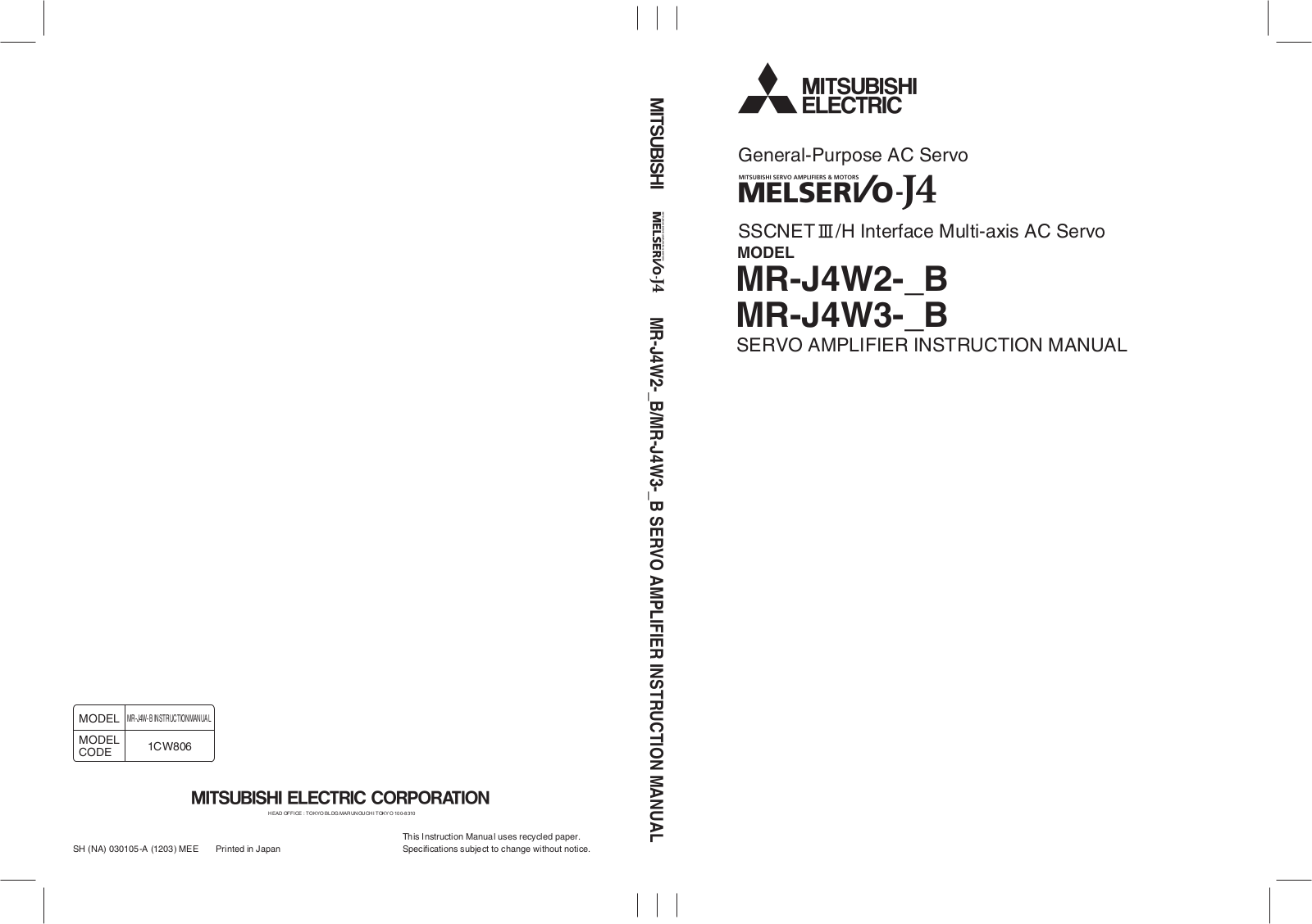 Mitsubishi MR-J4W3-222B, MR-J4W3-444B, MR-J4W2-44B, MR-J4W2-1010B, MR-J4W2-22B User Manual